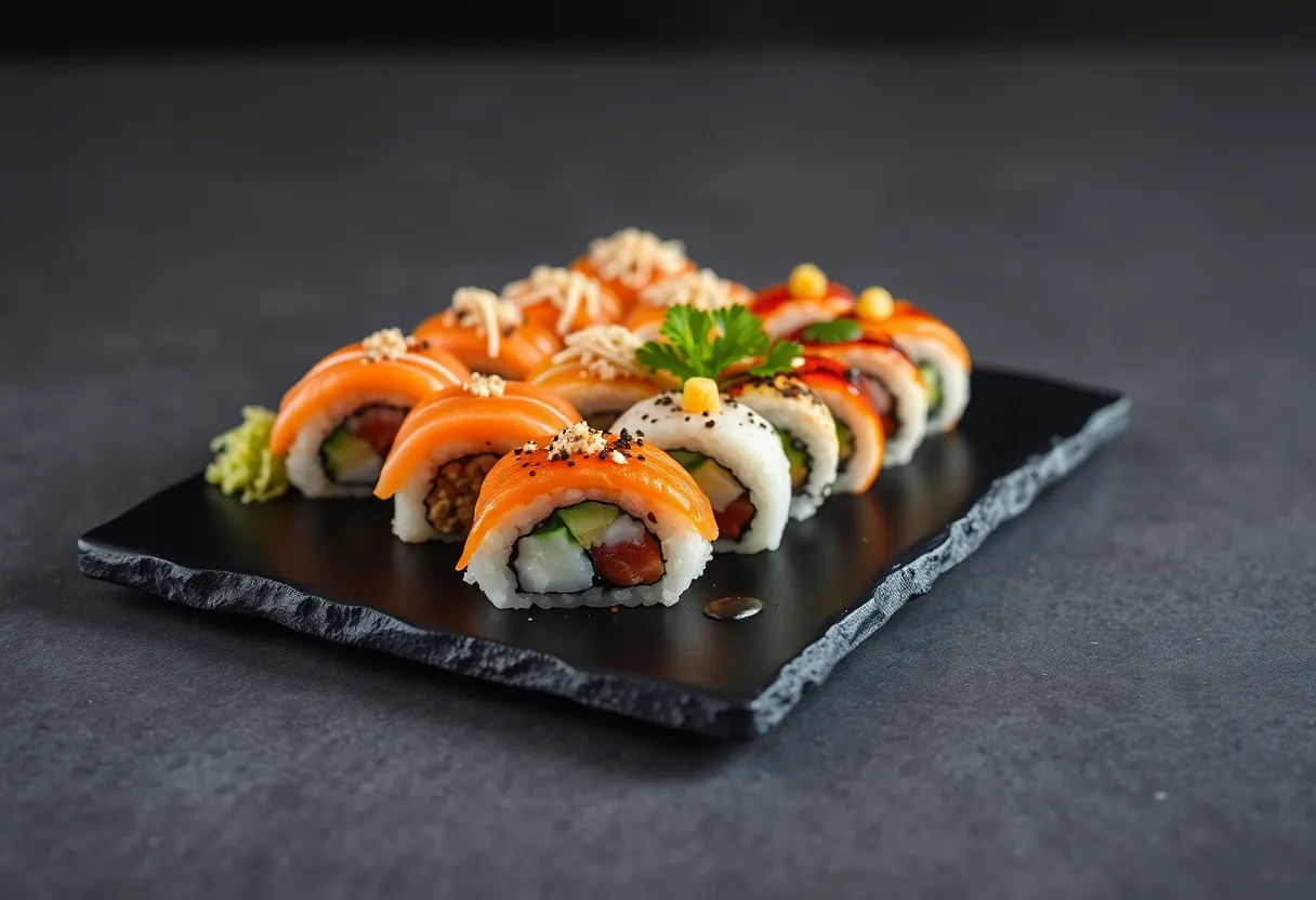 This stunning medium format photograph features an elegantly arranged plate of sushi rolls on a dark slate plate, capturing the vibrant colors and intricate details of each piece. The soft lighting from a three-point studio setup enhances the texture of the sushi, while the muted color palette creates a sophisticated mood. The hyperfocal depth ensures every element is in sharp focus, and the composition cleverly uses leading lines to guide the viewer's eye across the plate. This image beautifully highlights the artistry and craftsmanship of sushi presentation.