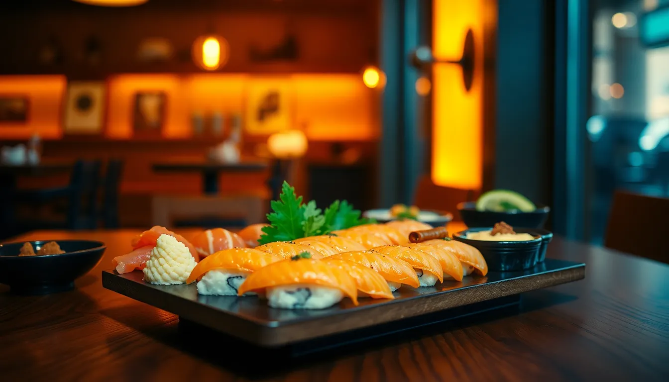 In this lively scene, patrons are immersed in a bustling sushi restaurant, enjoying their meticulously crafted dishes. The warm glow from tungsten lamps casts a cozy atmosphere, while the Dutch angle adds a dynamic sense of movement and energy. The natural muted tones highlight the diverse sushi offerings, creating an inviting and authentic dining experience. This composition captures the essence of communal sushi enjoyment.