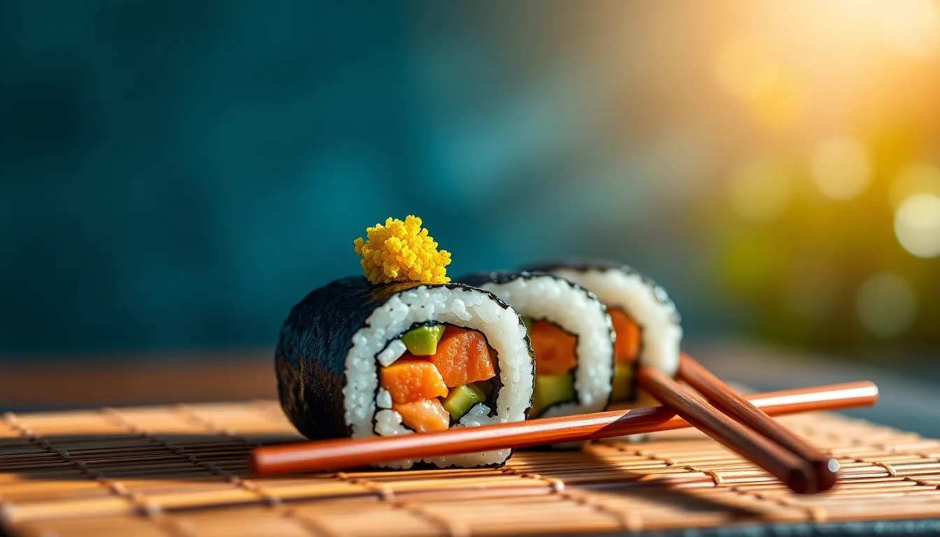 Fresh Sushi Roll on Bamboo Mat