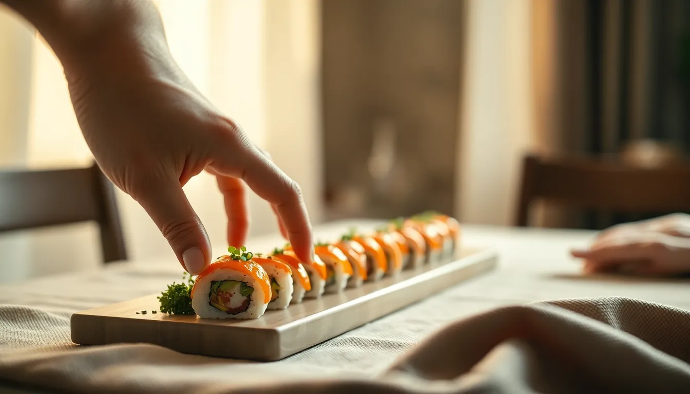A hand elegantly reaches for a sushi roll, captured in warm diffused light that creates an inviting atmosphere. The soft bokeh background emphasizes the action while the muted tones enhance the homey feel of the setting. This image beautifully showcases the interaction between people and food, inviting viewers into an intimate dining experience. The textured fabric of the tablecloth adds depth, enriching the overall composition.