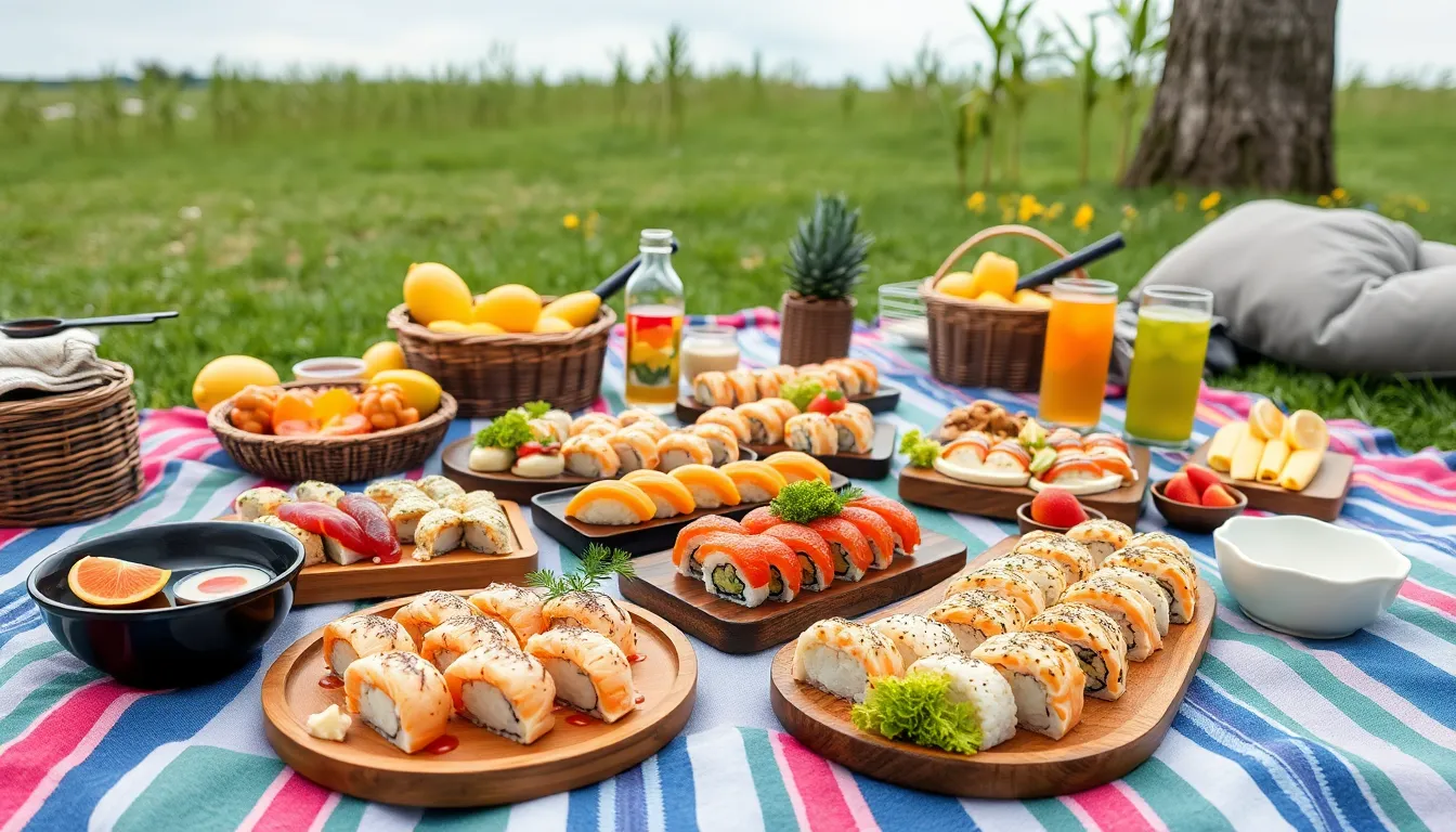 A serene close-up shot of a hand delicately holding a piece of sushi with chopsticks, set against a soft, blurred bamboo background. The warm tungsten lighting wraps the scene in a cozy glow, highlighting the intricate details and colors of the sushi. This image invites viewers to appreciate the artistry of sushi as well as the satisfying experience of enjoying it. The combination of textures and the focused depth pulls you into the moment.