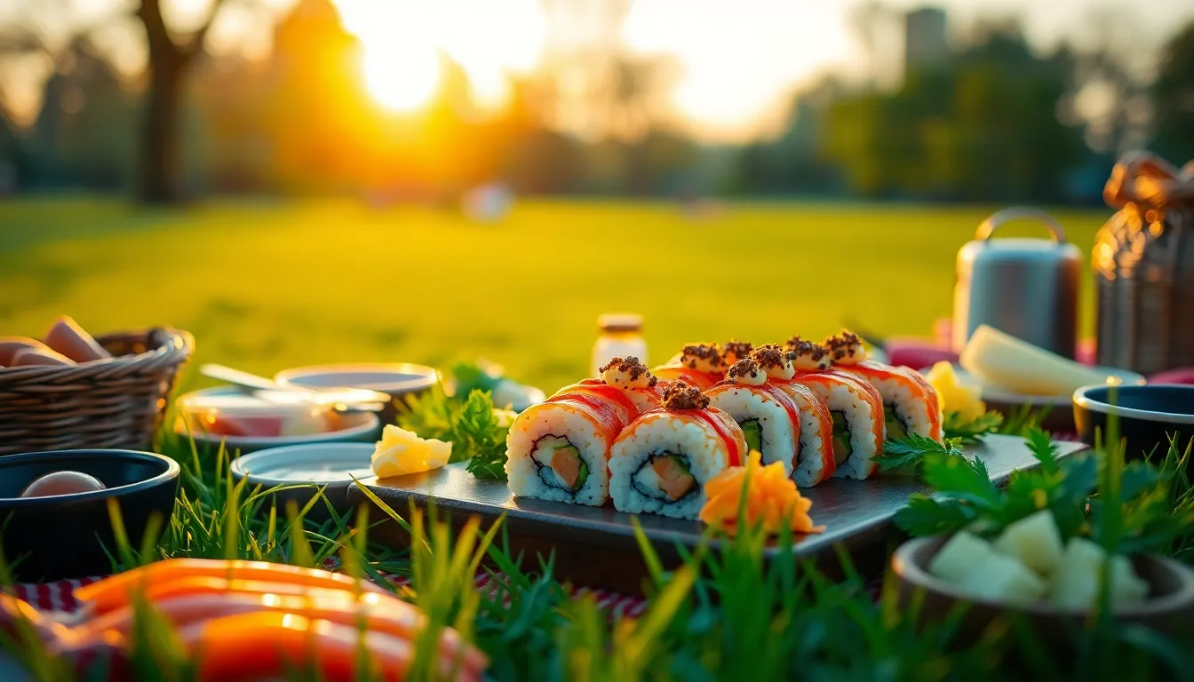 This vibrant image captures a delightful sushi picnic set up during the golden hour, with soft side lighting creating a warm and inviting atmosphere. The colorful sushi is artfully arranged on a picnic blanket, surrounded by lush greenery. Shot with a telephoto lens, the depth of field allows the sushi to stand out against the beautiful blurred backdrop, enhanced by cinematic color grading. The overall composition is playful and harmonious, celebrating both the food and the joy of outdoor dining.