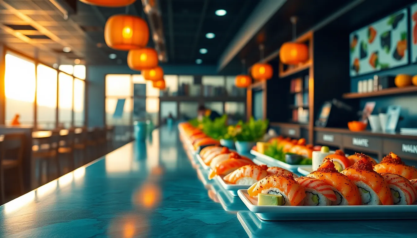 This stunning image captures a bustling sushi bar at sunset, with warm golden light creating a magical atmosphere. The sushi is beautifully arranged, highlighting the freshness of the ingredients against the dark wooden bar. The use of leading lines draws the viewer’s eye to the vibrant sushi, while the teal and orange color grading adds depth to the scene. Perfect for featuring the ambiance of sushi dining.