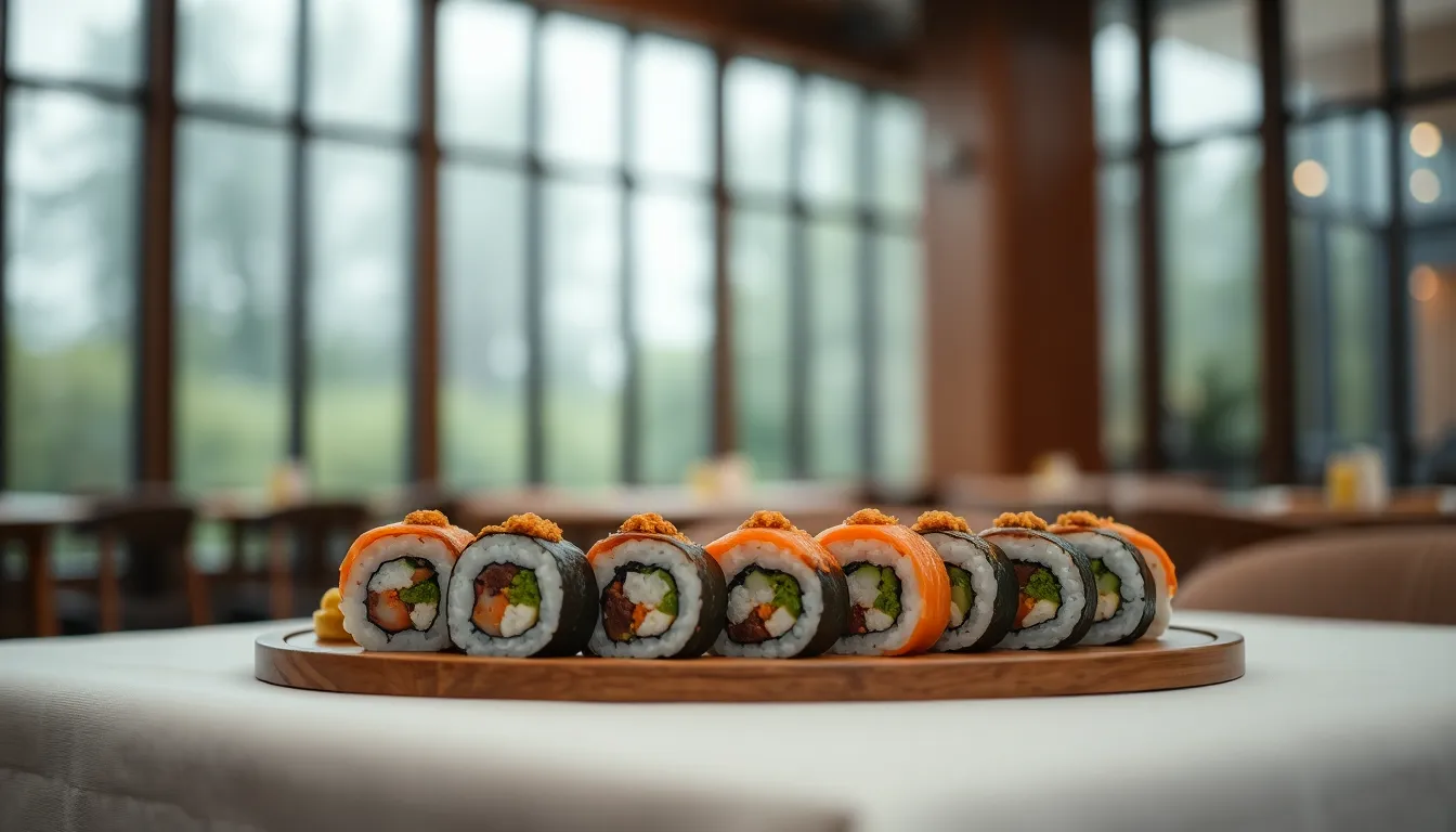 An elegant sushi platter takes center stage on a pristine white tablecloth, illuminated by soft, diffused daylight from the large windows. The sushi rolls are beautifully arranged, showcasing a variety of textures and colors. The selective focus brings attention to the intricate details of the sushi, while the muted background creates a calm and sophisticated ambiance. This composition highlights the artistry of sushi as both food and visual delight.
