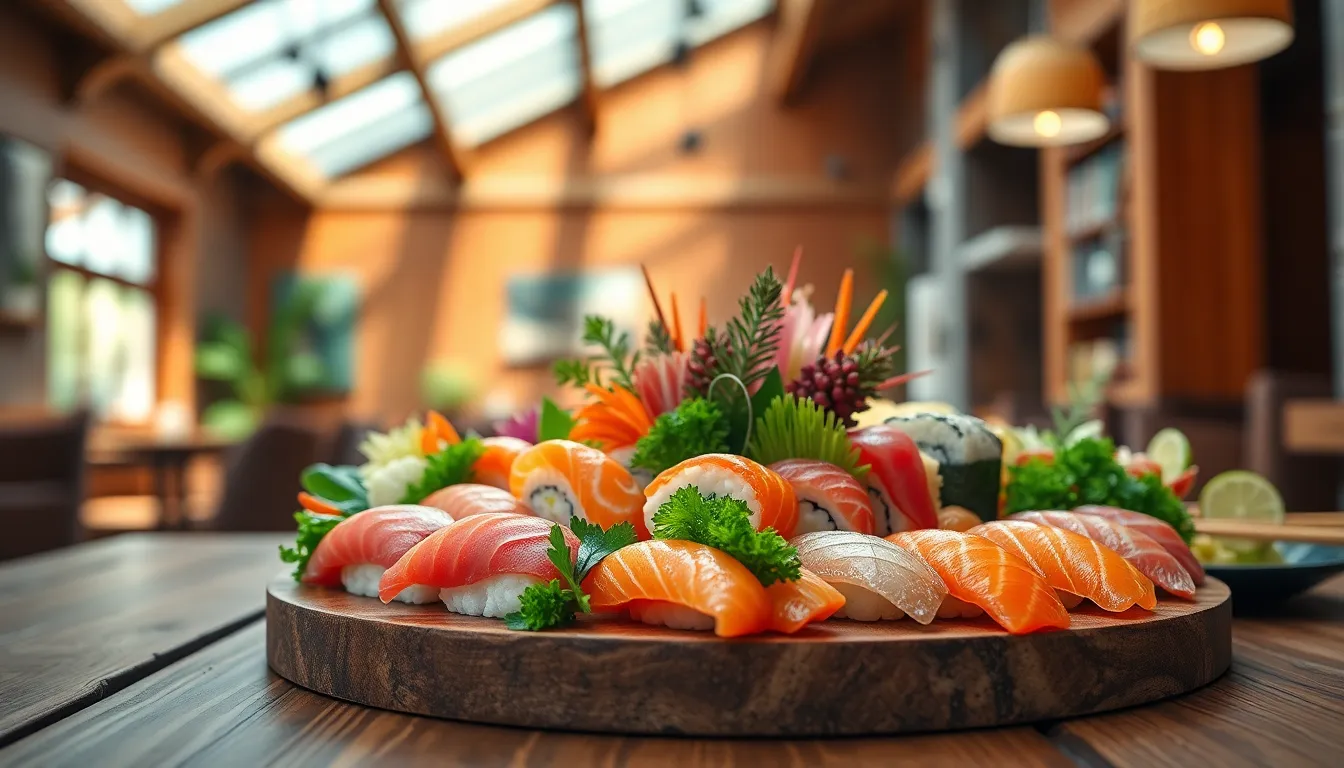 This vibrant image captures an extensive sushi platter adorned with fresh ingredients, beautifully illuminated by soft daylight. The macro focus highlights the details and textures of the sushi, making it appealing and fresh. With leading lines guiding the viewer's eye, this composition invites you to indulge in the culinary delights presented, ideal for food magazines and promotional materials.