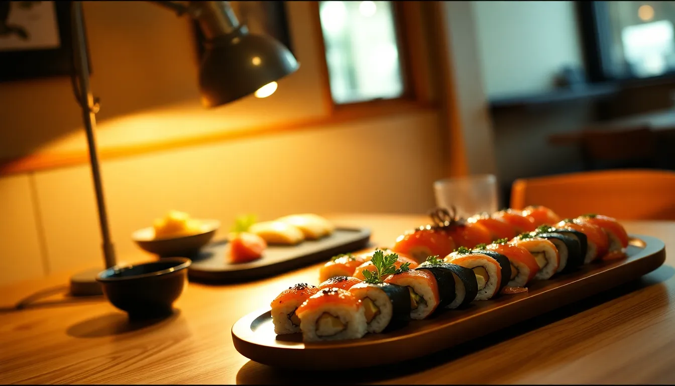 A meticulously arranged sushi platter sits on a rustic wooden table, illuminated by the soft glow of a tungsten desk lamp. The sushi rolls are vibrant, showcasing rich colors from fresh ingredients like salmon, avocado, and seaweed. The shallow depth of field creates a dreamy background, enhancing the inviting atmosphere. The warm tones add a cozy, intimate feel to the composition.