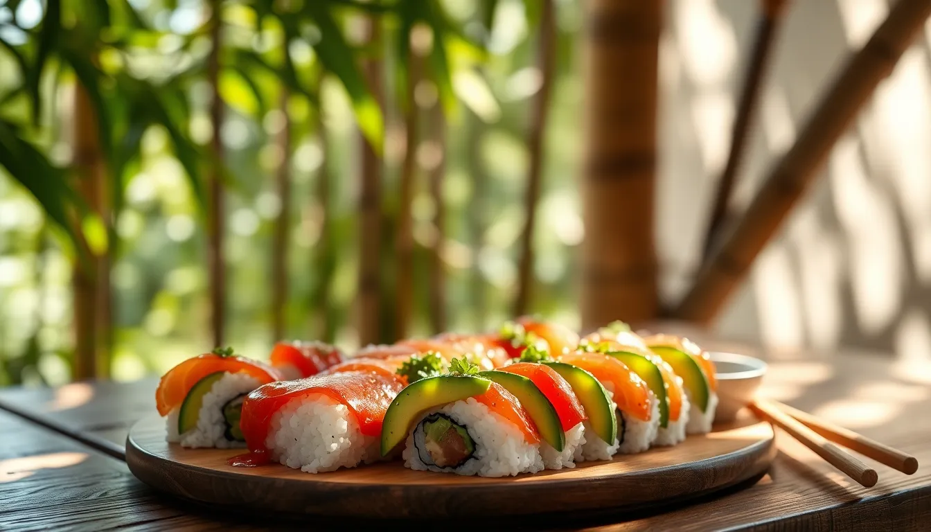 This captivating image showcases an artfully arranged sushi platter set on a rustic wooden table, illuminated by dappled sunlight filtering through bamboo leaves. The vibrant colors of the sushi—deep reds, bright greens, and glistening whites—create a feast for the eyes. The shallow depth of field enhances the focus on the sushi while softly blurring the background, evoking a tranquil dining experience. The harmonious composition draws the viewer's attention to the intricate details of the platter. Perfect for culinary and lifestyle contexts.