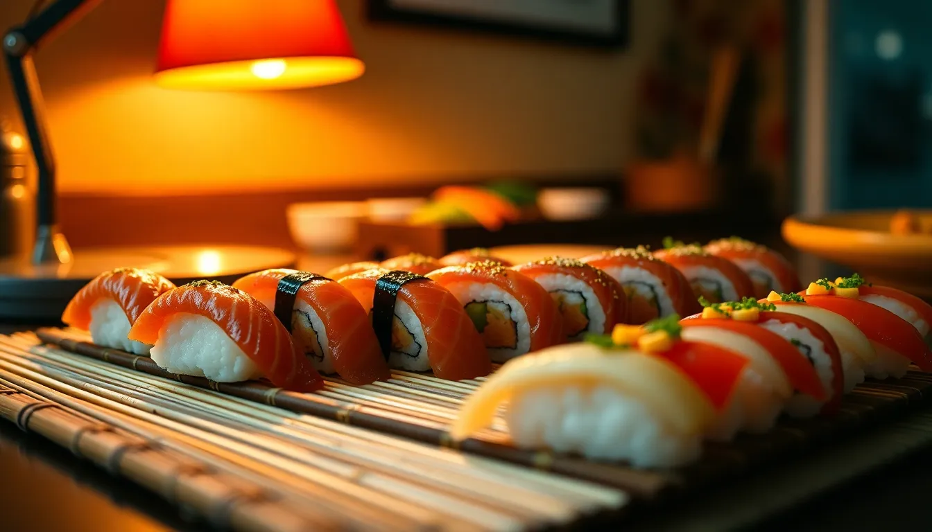 A vibrant sushi platter is artfully arranged on a rustic bamboo mat, illuminated by a warm tungsten desk lamp creating a cozy ambiance. The sushi pieces are colorful, showcasing fresh fish and vibrant vegetables, with a focus on the rich textures of each ingredient. The shallow depth of field softens the background, emphasizing the sushi's intricate details and glossy finishes, while the warm tones create a welcoming mood.