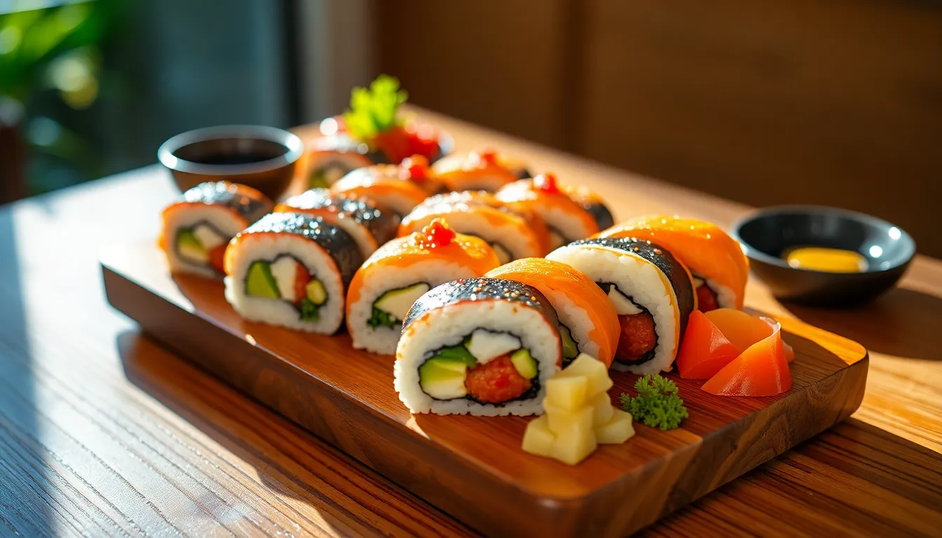 This striking image showcases a beautifully arranged platter of sushi rolls, emphasizing the vibrant colors of fresh fish and vegetables. The dynamic side lighting accentuates the texture of the sushi and enhances the mood of culinary artistry. Surrounded by garnishes of wasabi and pickled ginger, this composition is inviting and visually compelling, perfect for food enthusiasts and restaurants alike.