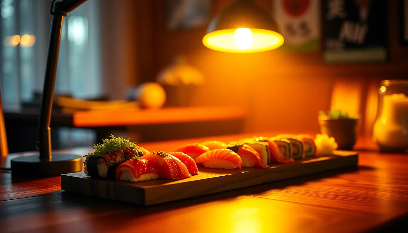 This image captures an elegant sushi platter artfully arranged on a rustic wooden table. The warm tungsten lighting enhances the vibrant colors of the sushi and adds inviting shadows. A shallow depth of field beautifully separates the sushi from the soft background, creating a cozy atmosphere. Rich textures in the wooden table complement the delicate presentation of the sushi, making this image ideal for culinary showcases.