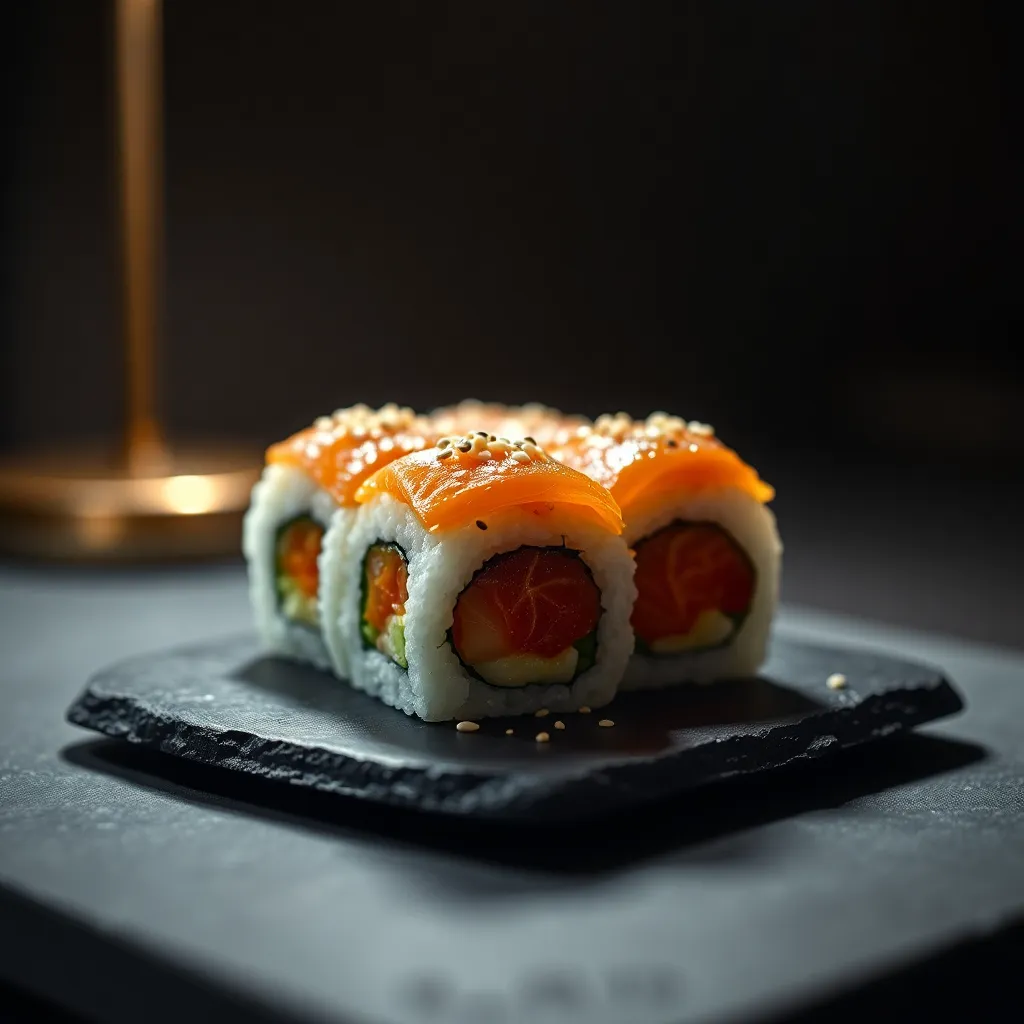 A stunning macro shot of a vibrant sushi platter featuring assorted rolls, sashimi, and garnishes elegantly arranged on a dark slate surface. The natural daylight highlights the fresh ingredients, enhancing the rich colors of the fish and the delicate textures of the rice. Soft shadows add depth to the composition, which is perfectly balanced to draw the viewer's eye across the plate. This photorealistic image captures the essence of Japanese cuisine in a captivating manner.