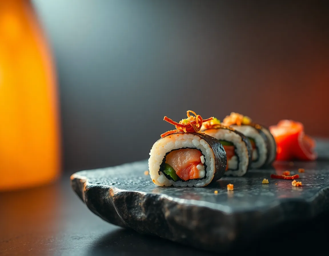 This artistic image focuses on a delectable sushi handroll, elegantly presented on a textured stone plate. The warm tungsten lighting creates inviting shadows and highlights, while the cinematic color grading composes an eye-catching visual palette. The intricate garnishing and the soft bokeh background enhance the overall allure, making it a perfect representation of culinary craftsmanship.