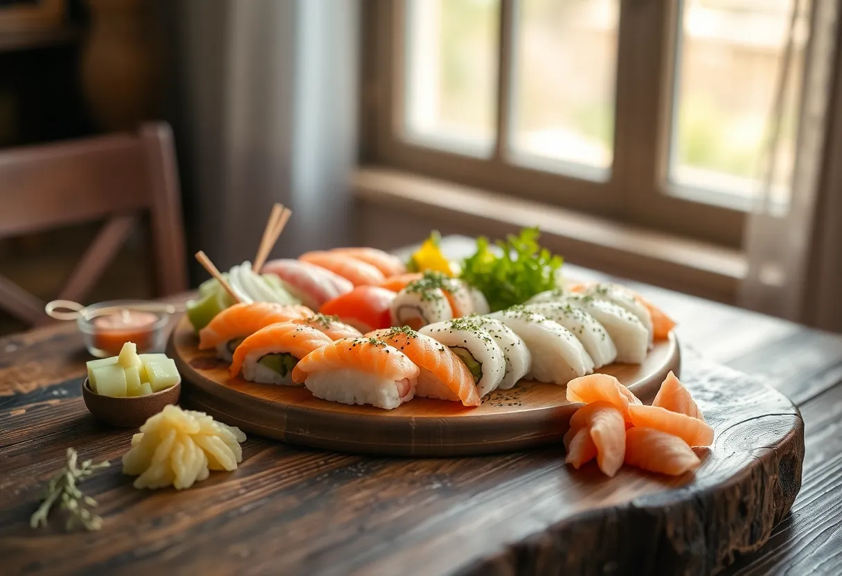 A captivating medium-format image showcasing a beautifully arranged sushi platter on a rustic wooden table, surrounded by vibrant wasabi and pickled ginger. The soft natural light filtering through a window adds warmth and charm to the setting. The shallow depth of field creates a dreamy quality, allowing the sushi to stand out while the background softly fades away. This photograph evokes a sense of comfort and invites you to savor the flavors of Japanese cuisine.