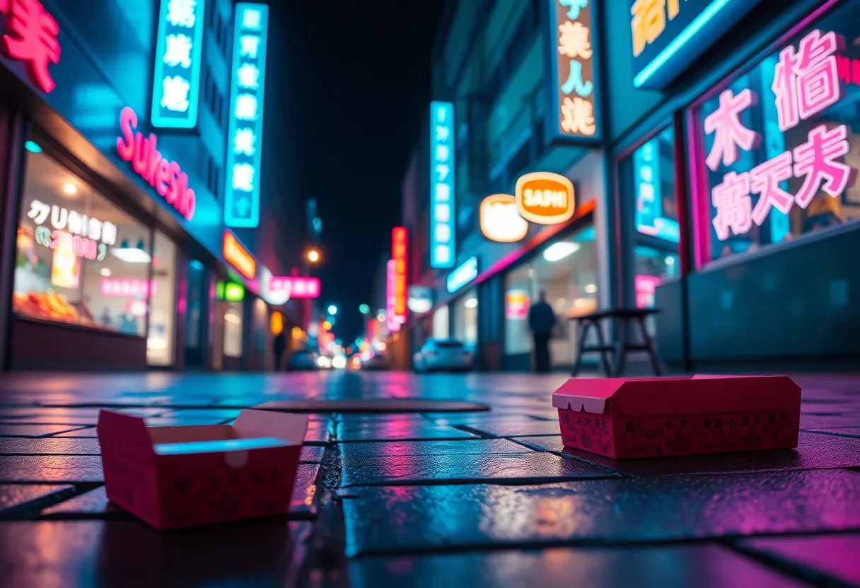 This dynamic urban night scene features vibrant sushi takeaway boxes resting on wet pavement, illuminated by reflecting neon signage. The low-angle perspective captures the dramatic reflections and creates a layered depth effect, drawing attention to the sushi. Enhanced by cinematic teal and orange grading, the atmosphere exudes energy and excitement. This image is perfect for modern dining experiences or food delivery promotions, showcasing sushi in a contemporary context.