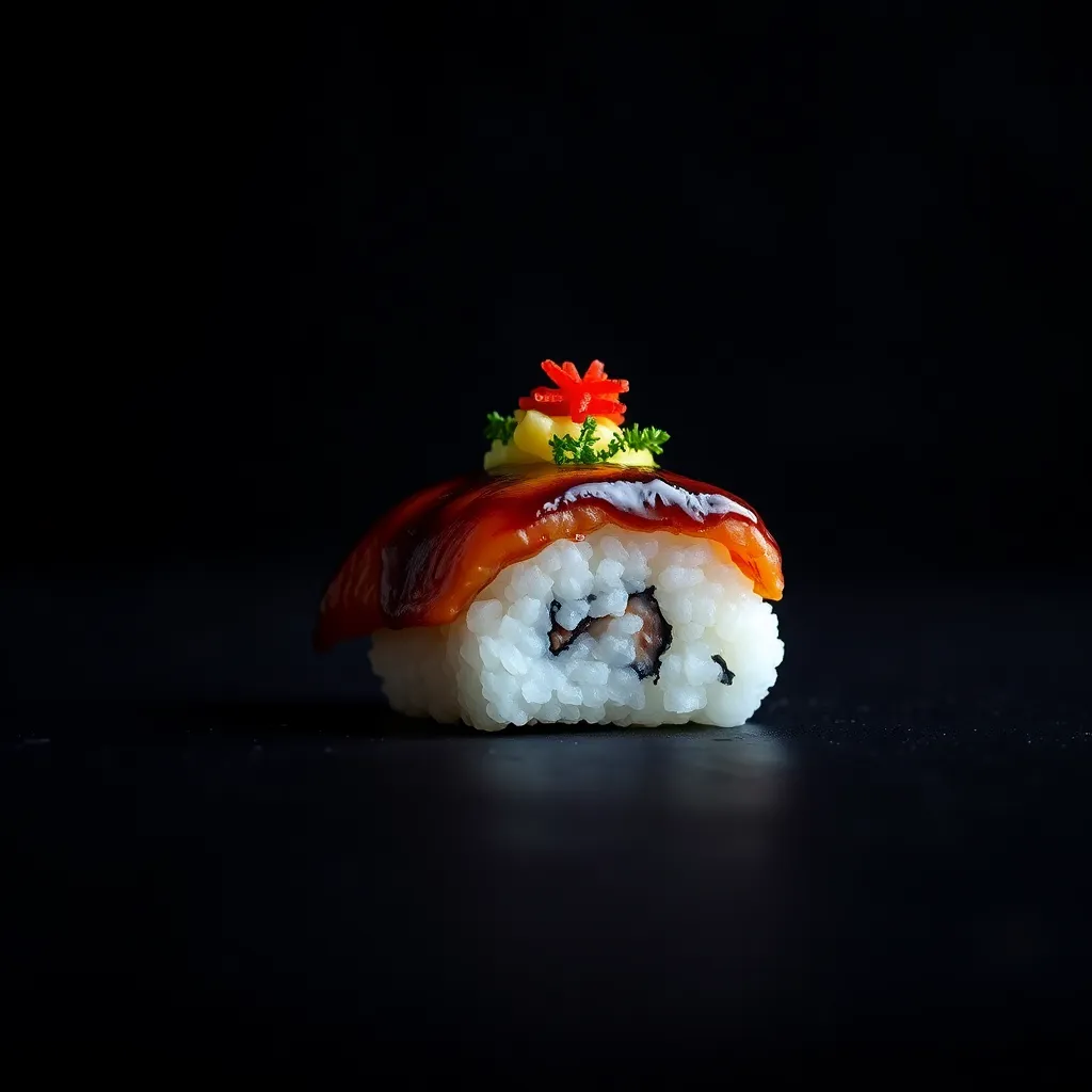 This striking image focuses on a single sushi piece, lit dramatically under a softbox, which enhances its vibrant colors against a dark textured backdrop. The shallow depth of field brings the sushi into sharp focus while creating a captivating bokeh effect. This composition allows for the detailed textures and colors of the sushi to shine, making it a visually stunning representation of gourmet cuisine.