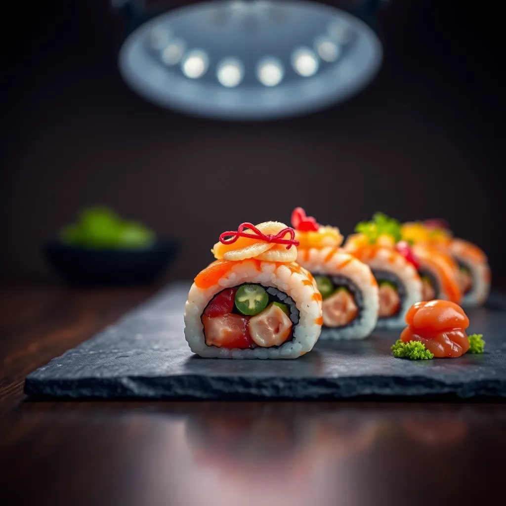 This captivating close-up shot highlights a vibrant sushi roll, beautifully arranged on a dark slate surface. The dramatic lighting accentuates the textures and colors of the fresh ingredients, with rich reds and greens popping against the dark background. The hyperfocal focus draws the viewer into the intricate details, showcasing the skillful craftsmanship of sushi making. Perfect for culinary promotions or gourmet food campaigns.