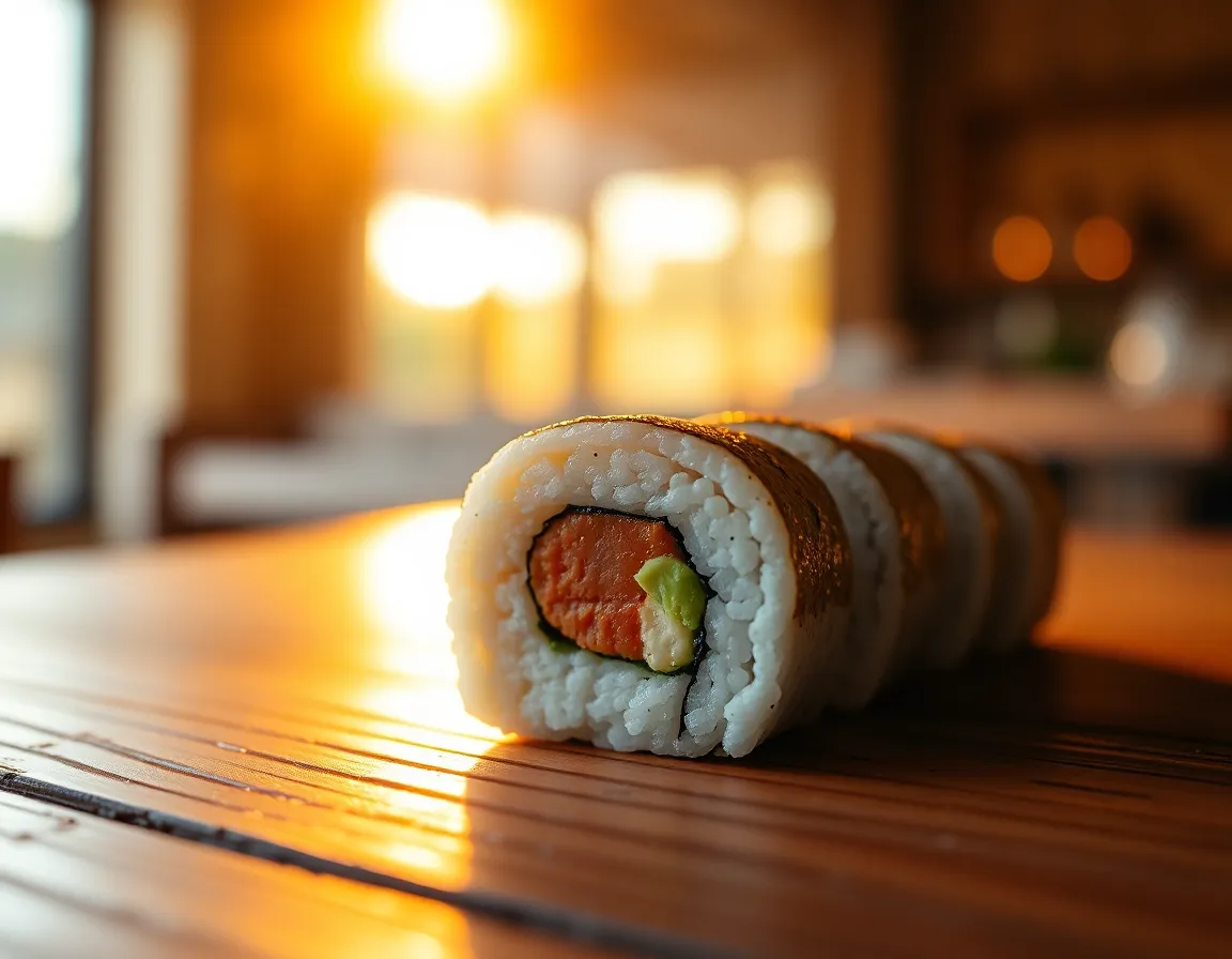 This intimate close-up photograph captures a beautifully crafted sushi roll bathed in the warm glow of golden hour. The natural daylight highlights the intricate details of the sushi, enhancing the colors of the fish and vegetables. Positioned on a textured wooden table, the sushi is framed using the rule of thirds to draw the viewer in. The shallow depth of field creates an inviting atmosphere, emphasizing the culinary craftsmanship in this serene setting.