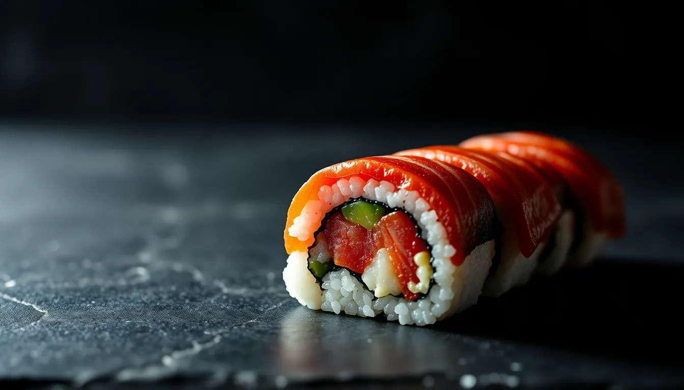Vibrant Sushi Roll on Slate Background