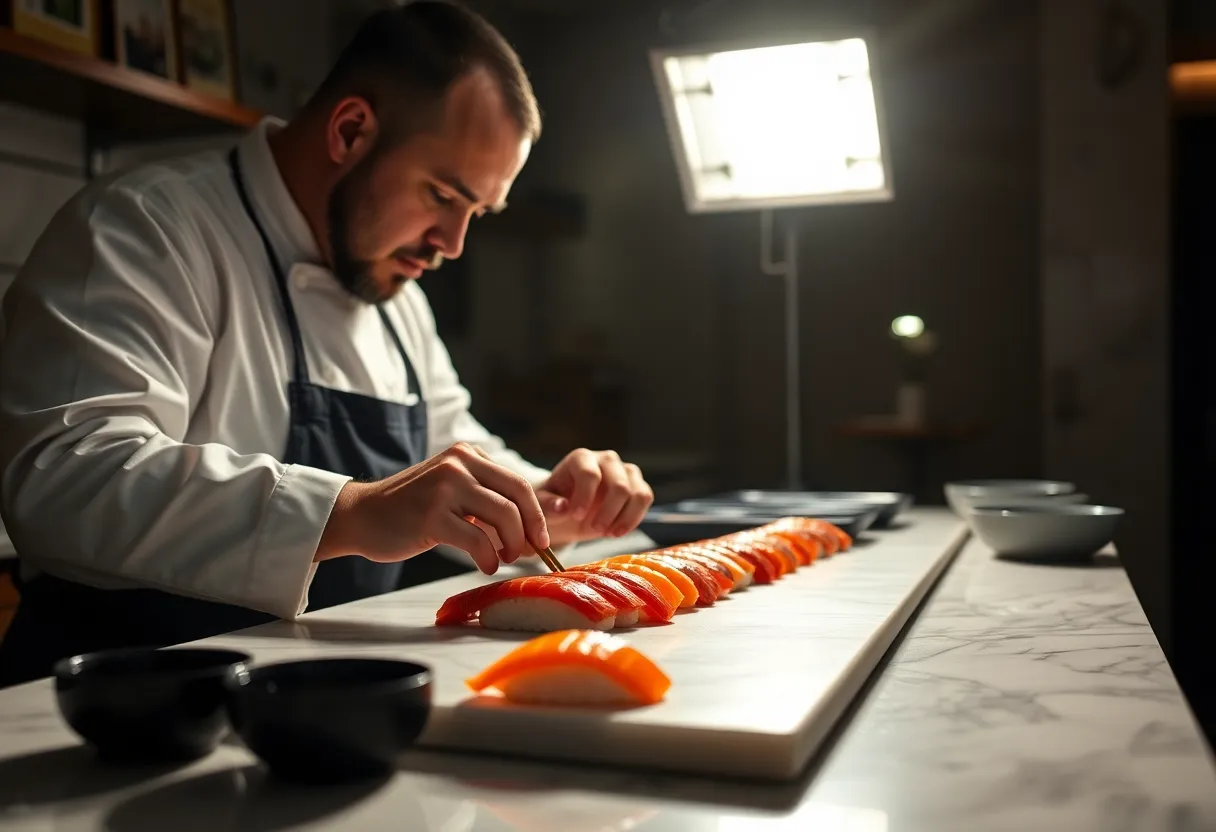 In this dynamic image, a sushi chef skillfully prepares nigiri at a marble countertop, captured in stunning detail. The studio lighting enhances the chef’s focused expression and the textures of the fresh fish. The warm tones from the Kodak Portra 400 palette add an inviting warmth to the scene. This centered composition draws attention to the craft of sushi-making, showcasing the artistry involved in this exquisite culinary tradition.