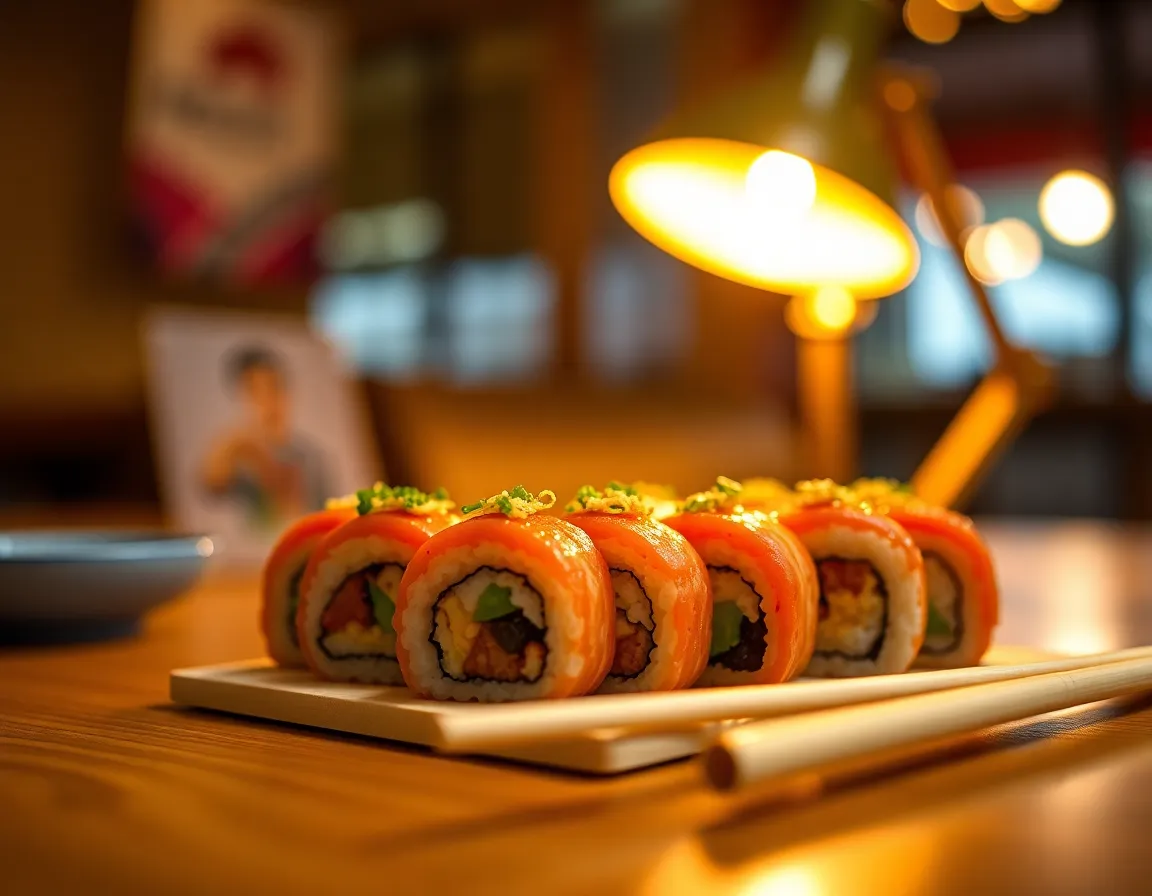 In this intimate shot, a variety of sushi rolls are displayed on a rustic wooden table, illuminated by a warm tungsten lamp. The light creates a cozy atmosphere, enhancing the inviting colors of the sushi. Soft bokeh in the background keeps the focus on the delicious rolls, while chopsticks add a touch of authenticity to the scene. This image would suit restaurant menus or culinary publications.