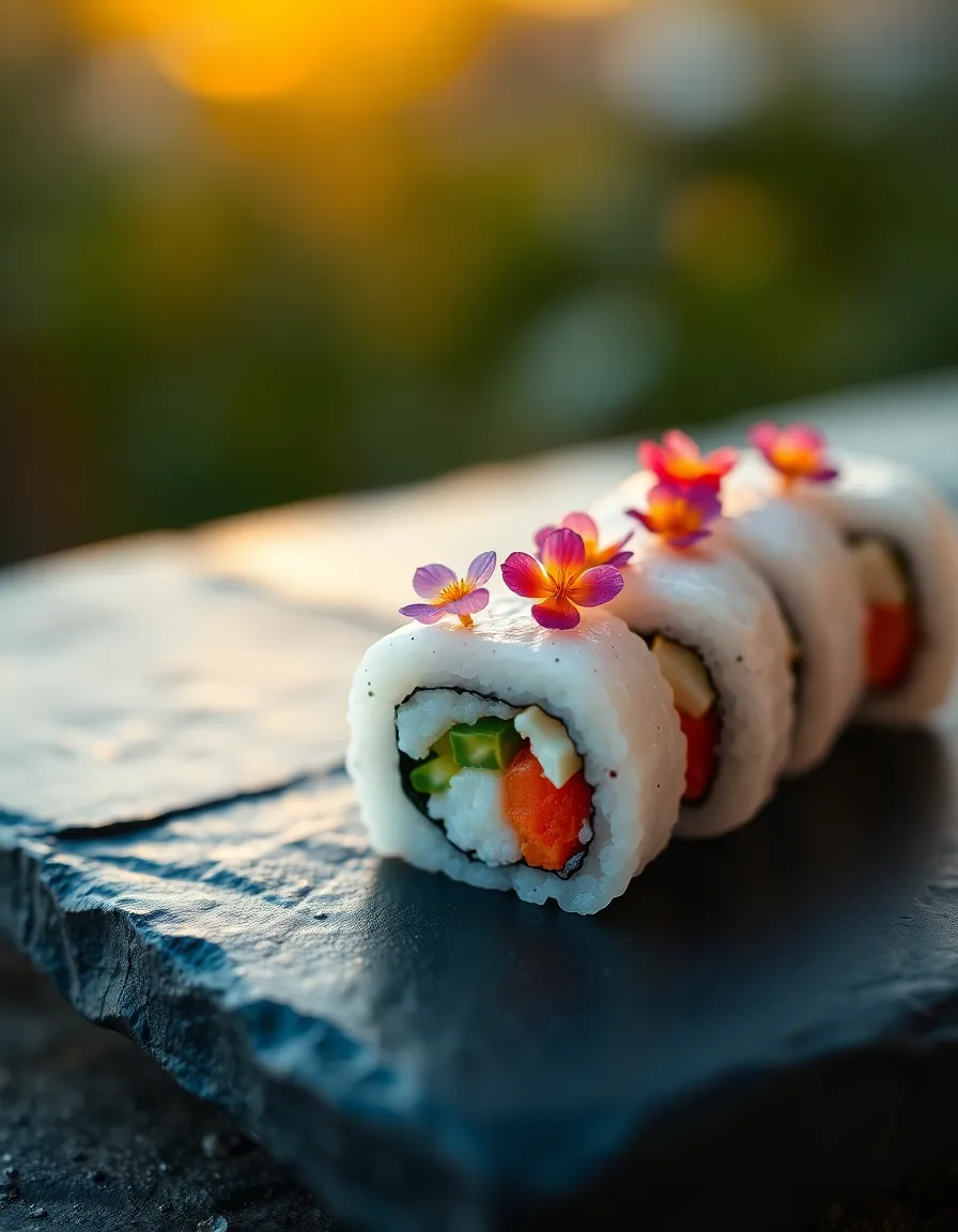 This elegant image features a sushi roll adorned with vibrant edible flowers, beautifully captured in soft golden hour light. The cinematic color grading adds a warm touch to the scene, while the shallow depth of field creates a dreamy atmosphere. The off-center composition draws attention to the sushi, set against a contrasting slate stone background for a sophisticated look, perfect for upscale culinary publications.