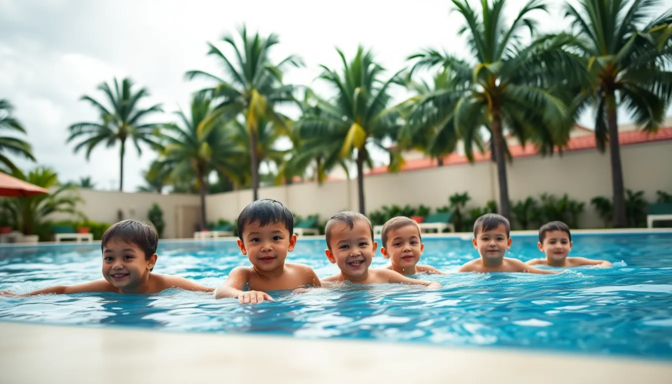 A joyful scene featuring children swimming and playing in an outdoor pool under a bright blue sky framed by palm trees. The overcast daylight adds a soft quality to the image, enhancing the vibrant colors of the water and surrounding foliage. The focused composition captures the children's laughter and energy, while the sharp details in the background emphasize the lush setting.