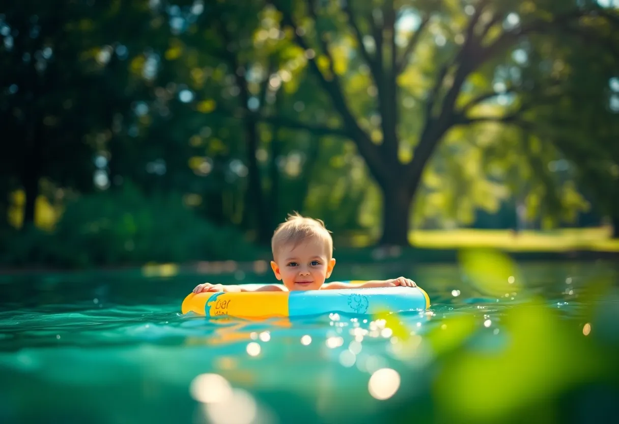 A joyful child is captured floating effortlessly in a vibrant swim ring, surrounded by lush greenery and dappled sunlight. The playful expression on their face radiates happiness as they bask in the summer day. Rich colors enhance the vibrancy of the scene, while the blurred background adds a dreamy quality. The composition invites the viewer into this carefree moment, bringing a sense of nostalgia and warmth.