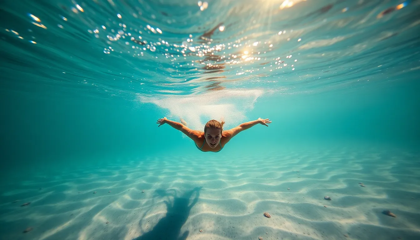 An underwater scene vividly showcases a swimmer gracefully gliding through clear turquoise water. Sunlight filters through the surface, creating beautiful patterns that dance around the swimmer. The focus on the swimmer’s powerful stroke contrasts with the soft bokeh of bubbles, enhancing the dynamic yet tranquil atmosphere of the image. The sandy bottom reveals fine textures, adding depth to this stunning aquatic moment.