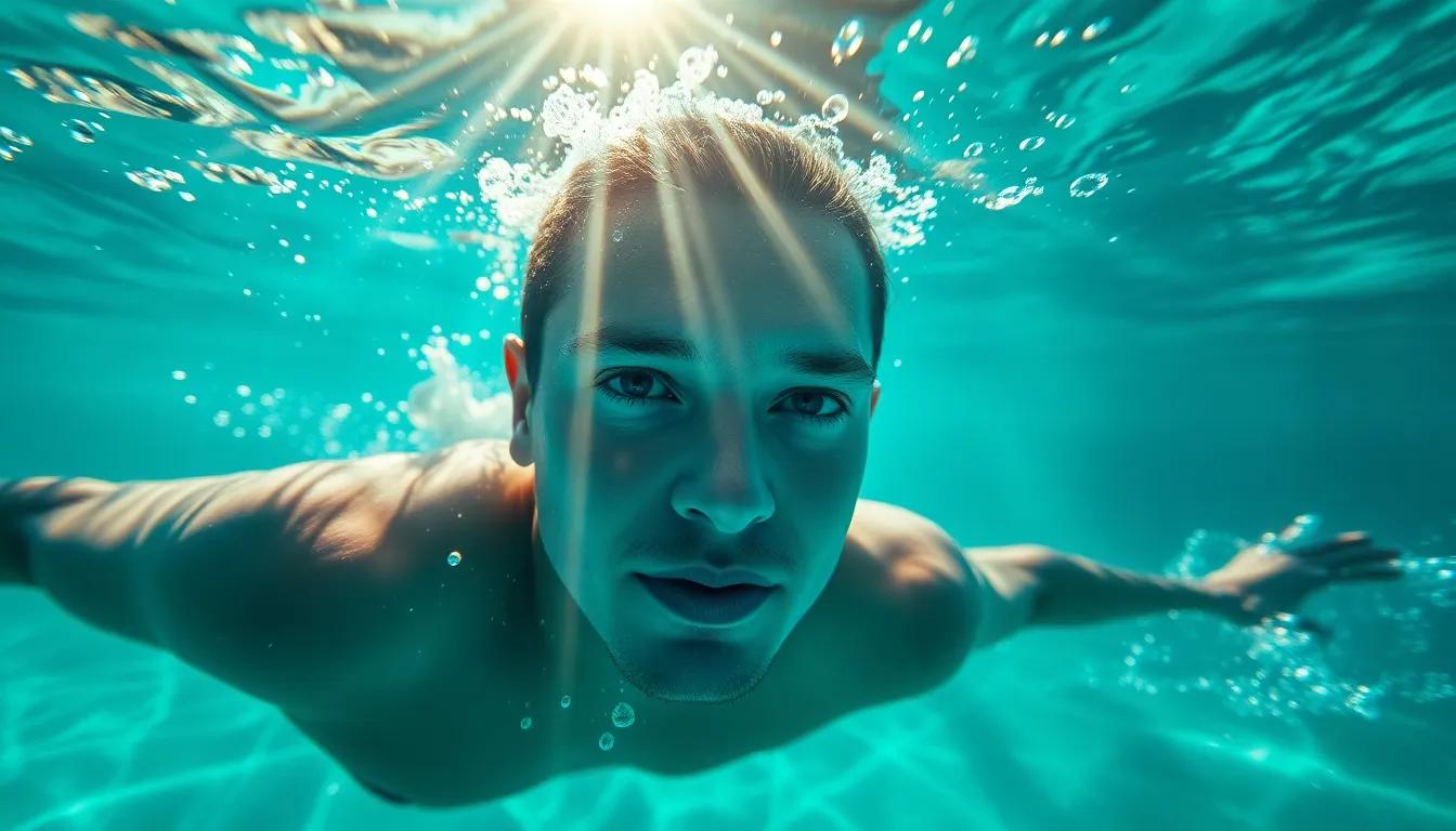 This stunning image showcases a swimmer in mid-stroke, captured under bright natural daylight. Water droplets glisten as they leap from the surface, creating a mesmerizing display against the vibrant blue background. The composition utilizes the rule of thirds, with the swimmer dynamically positioned to draw the eye. The textures of the swimmer's sleek swimsuit and the rippling water create a captivating sense of motion.