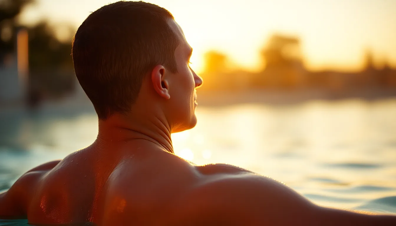 A serene image of a swimmer gracefully diving into a tranquil lake during golden hour. The warm sunlight creates a halo effect around the swimmer, emphasizing their movement, while soft bokeh in the background captures the beauty of nature. The warm hues enhance the scene's uplifting mood, making it feel both energetic and peaceful. This shot perfectly encapsulates the essence of summer swimming.