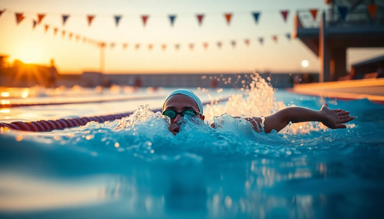 This image beautifully captures a swimmer diving into a tranquil blue pool during the golden hour. The warm hues of the sunlight filter through the surrounding trees, creating a soft, inviting atmosphere. Water droplets glisten off the swimmer, emphasizing the motion and energy of the dive. The lush greenery surrounding the pool reflects in the water, adding depth to the composition.