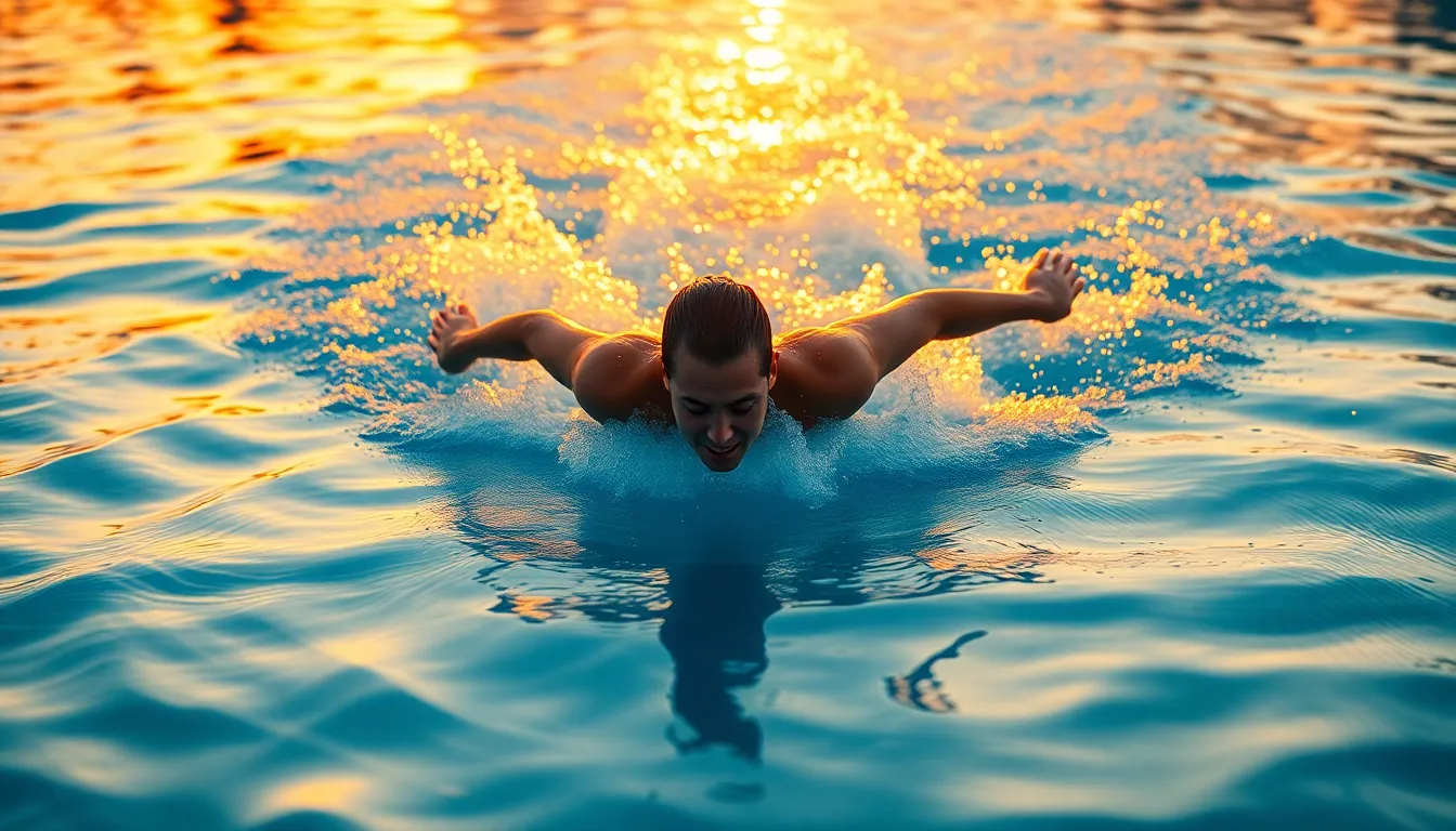 This image captures a swimmer diving into a tranquil pool during golden hour, with warm sunlight reflecting off the water. The scene features a dynamic splash, showcasing the swimmer's athleticism. The warm orange and cool blue tones create a harmonious and inviting atmosphere. With the swimmer positioned off-center, it draws the viewer's eye into the action, enhanced by the intricate water textures.