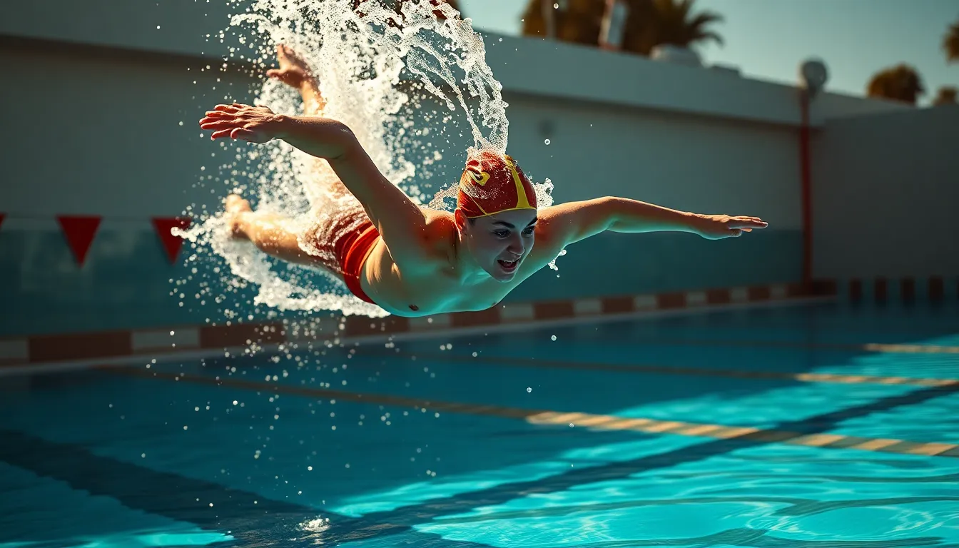 A dynamic scene of a swimmer diving into a vibrant blue pool during bright afternoon sunlight. The image captures the beauty of water droplets in mid-air, reflecting light and color. The swimmer's expression is focused and athletic, showcasing strength and grace. The composition uses the rule of thirds to emphasize the action, creating an energetic and impactful visual.