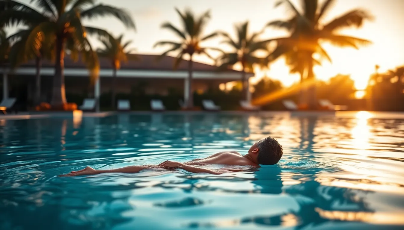 This serene image captures a swimmer floating peacefully on their back in a tranquil poolside scene during golden hour. Warm natural light bathes the environment in soft oranges and blues, creating an ambiance of relaxation. The swimmer is centered, framed by lush palm trees that enhance the calm atmosphere. With a dreamy depth of field, reflections and ripples in the water add gentle texture, completing this peaceful moment.