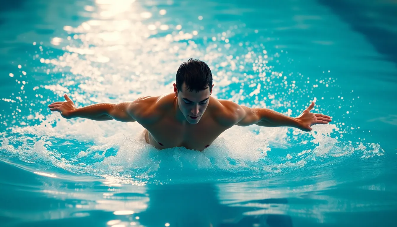 An exhilarating moment captured as a professional swimmer performs a flip turn, sending water splashing in all directions. The dramatic lighting highlights the swimmer's muscular physique and skillful technique against a backdrop of cool aquamarine tiles. The image captures the energy and fluidity of swimming, drawing the viewer into the action with leading lines from the splashes that emphasize movement.