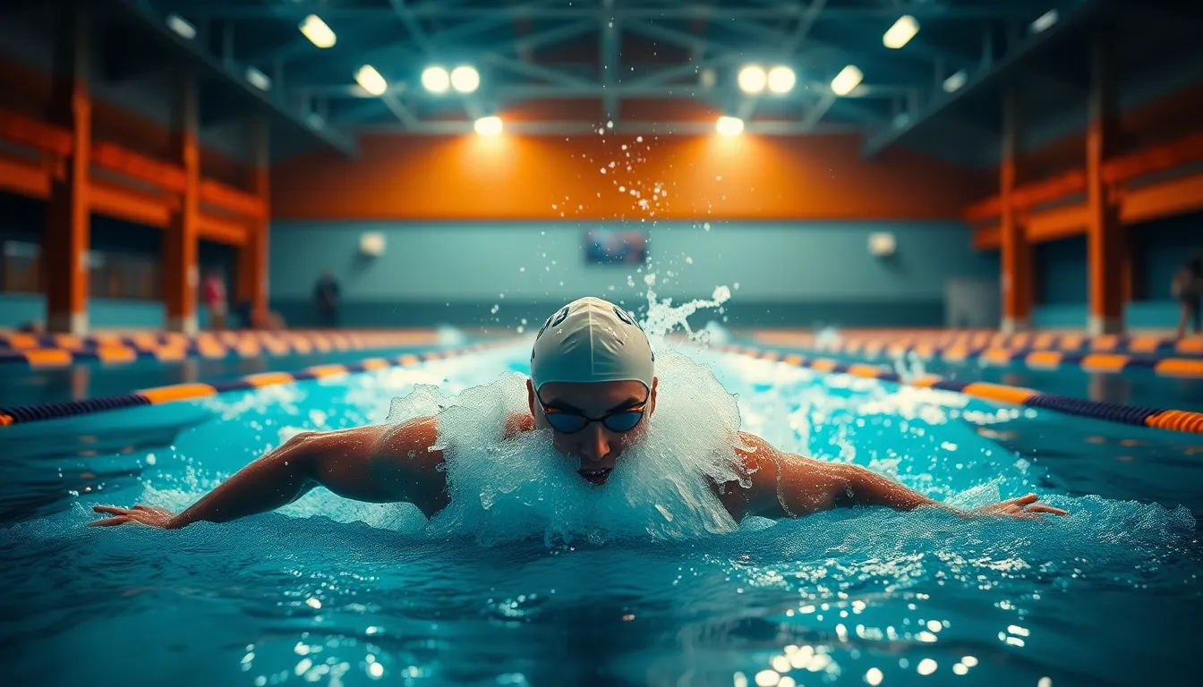 An action-packed moment of a competitive swimmer powering through the water in an indoor facility. The dramatic lighting highlights the intensity of the competition while creating striking shadows across the pool. The vibrant teal and orange color grading intensifies the scene, as water sprays majestically with every stroke. The composition follows the rule of thirds, emphasizing movement and focus on the athlete, showcasing the thrill of sports in dynamic detail.