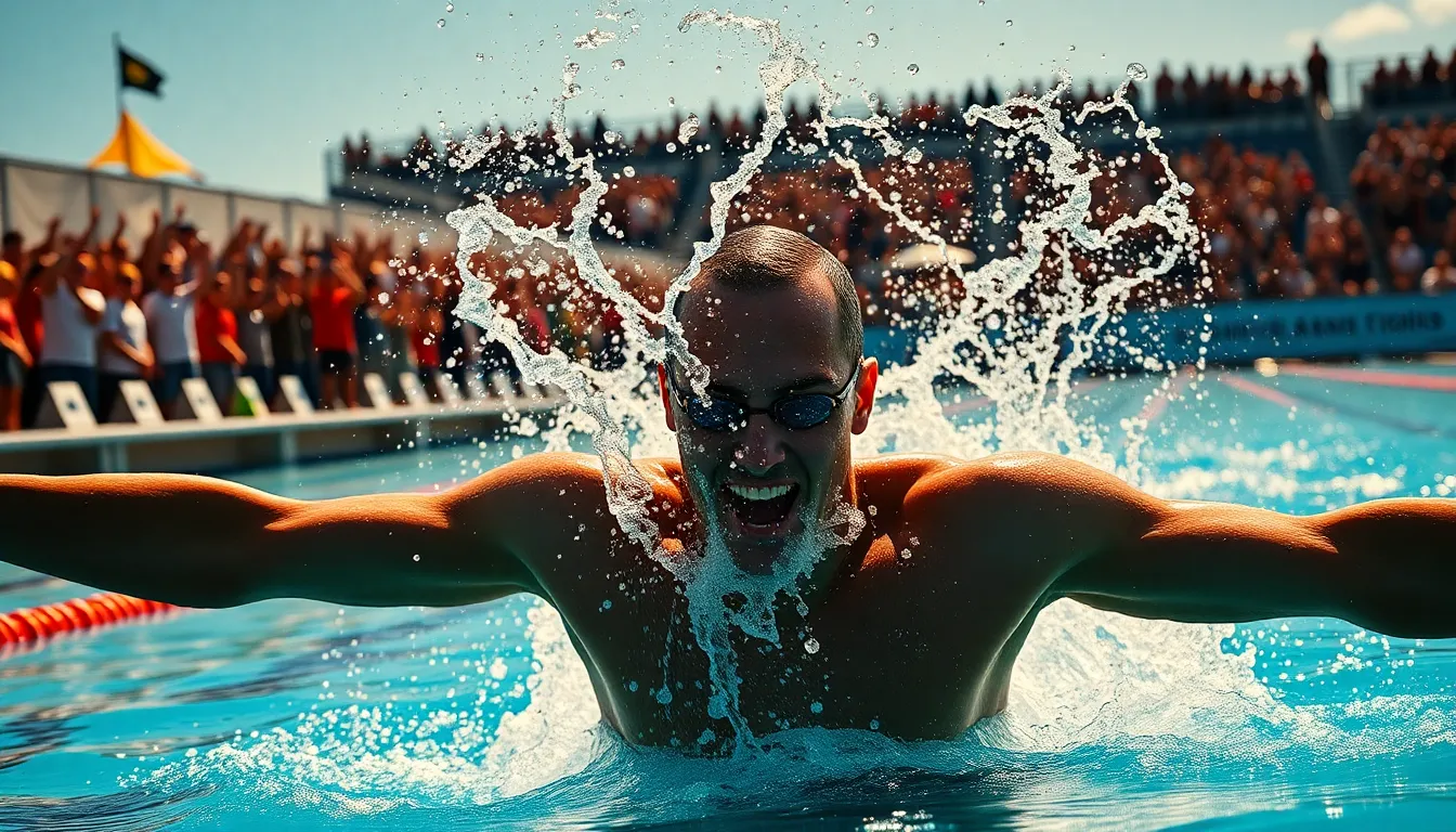 A dynamic scene featuring a young swimmer in a sleek swimsuit, poised at the edge of a swimming block during golden hour. The light creates an ethereal glow around them, accentuating their focused expression and muscular build. Warm reflections on the water’s surface and the swimmer’s glistening skin add to the overall allure of the moment. Soft bokeh in the background enhances the swimmer as the main subject, making it perfect for action-oriented sports photography.