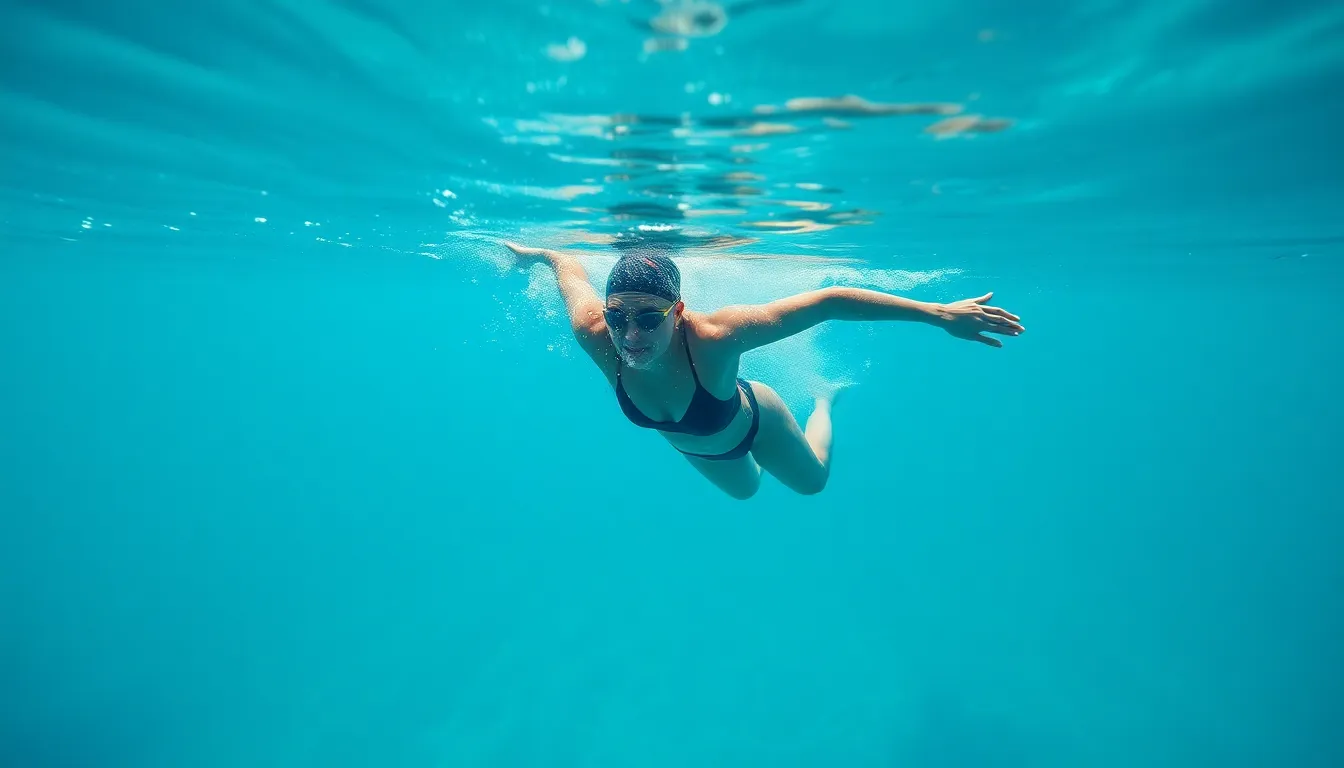 An enchanting underwater photograph of a swimmer gliding smoothly through crystal clear water. Natural diffused light creates a calm and serene atmosphere, with soft blue and green tones enhancing the aquatic feel. The swimmer’s form is highlighted as they gracefully move through the water, with bubbles trailing behind. The composition uses the rule of thirds to draw the viewer into the tranquil scene, emphasizing the beauty of underwater movement.