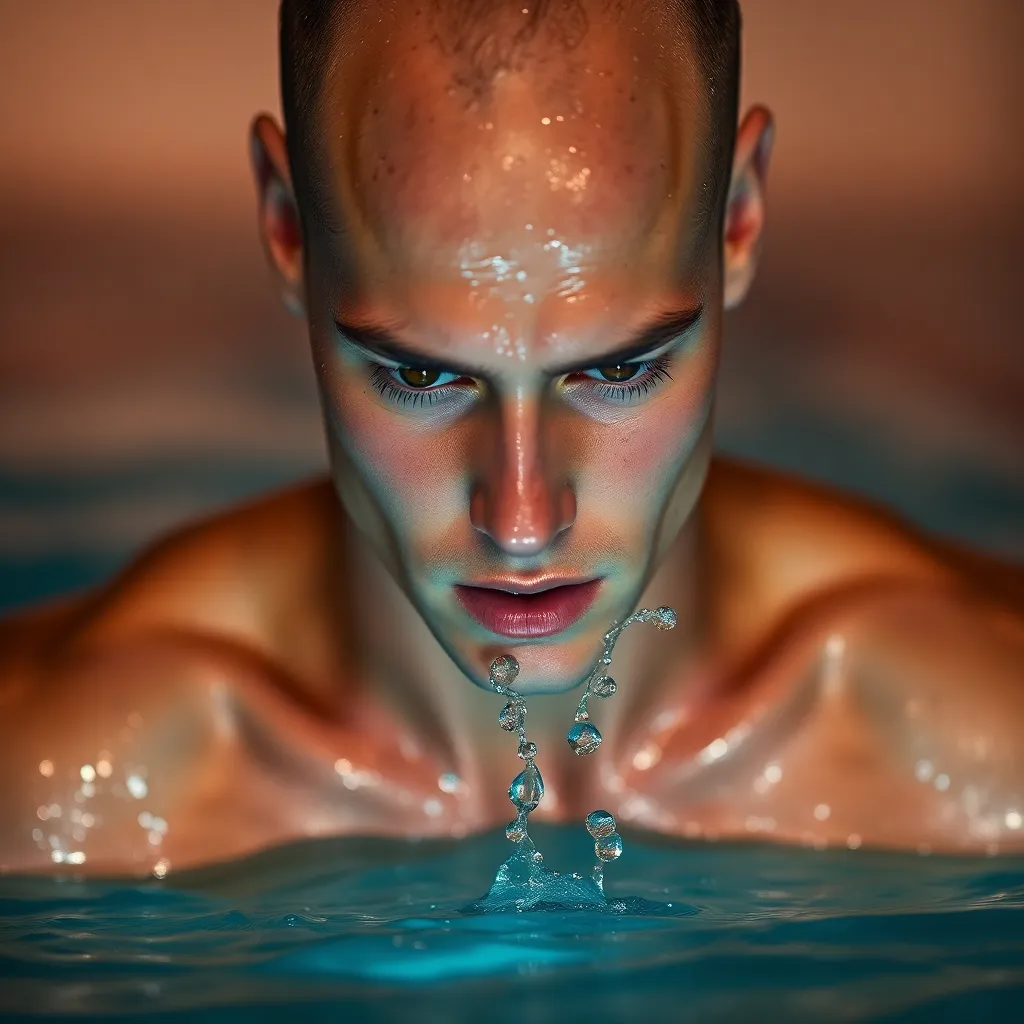 Intense Swimmer Under Studio Lights A striking close-up of a swimmer preparing for a race, with dramatic studio lighting that highlights every droplet of water on their skin. The shallow depth of field draws attention to the swimmer's intense expression, while the warm Kodak Portra 400 color palette enhances their natural beauty. This image captures the duality of athleticism and artistry, showcasing the physical and emotional aspects of swimming.