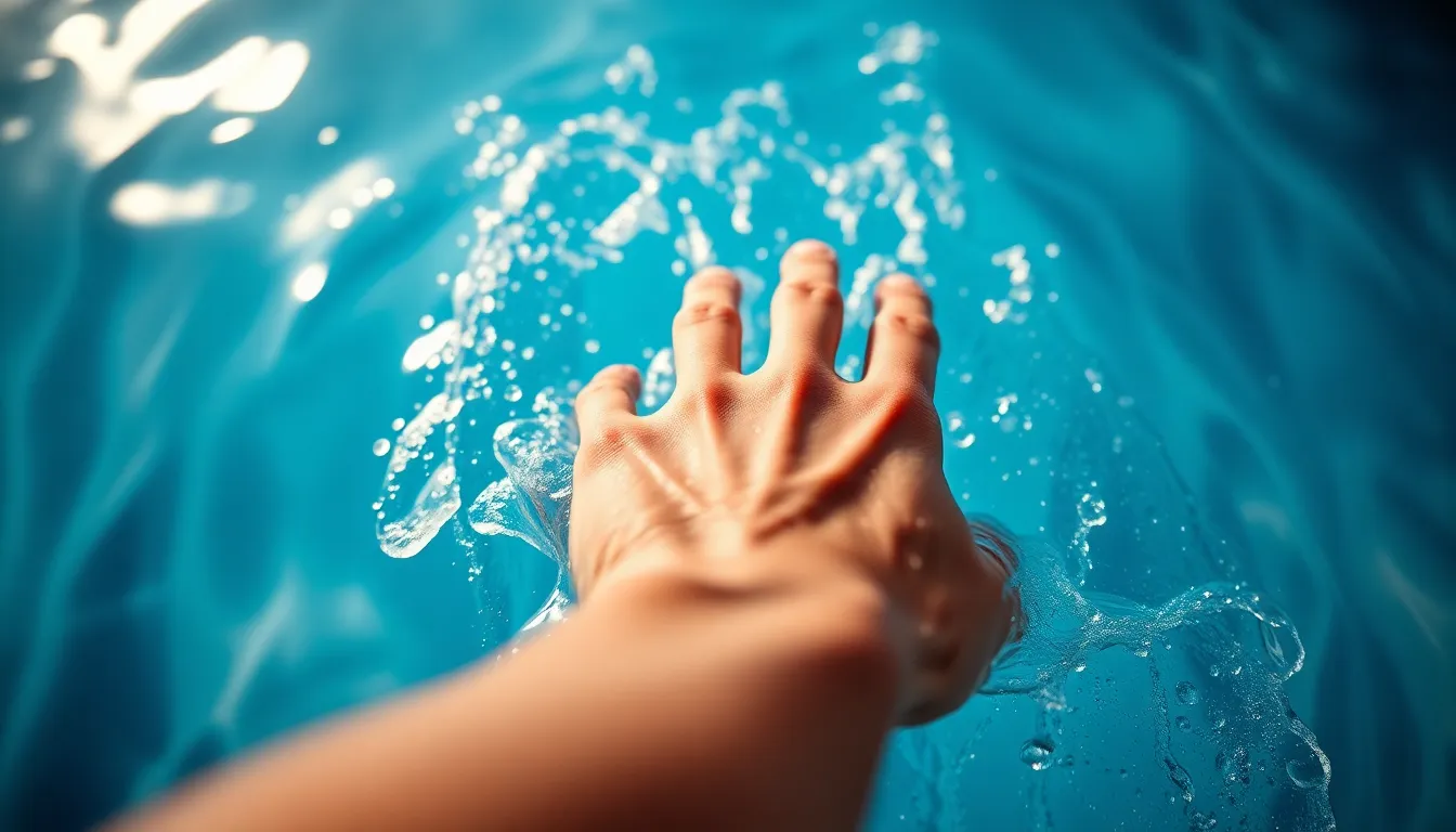 An artistic close-up of a swimmer's hand slicing through the water, captured with dramatic overhead lighting that emphasizes the fluid movement. The vibrant blue and aquamarine tones enhance the visual impact, while the shallow depth of field focuses on the hand, creating an abstract yet dynamic feel. Textures of water droplets and skin detail showcase the effort and grace of swimming.