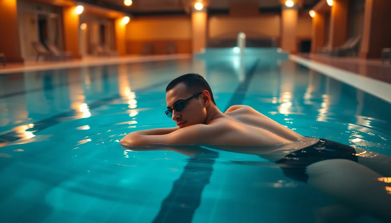 This serene image portrays a relaxed swimmer lounging by the pool. The warm tungsten lighting creates an inviting ambiance, casting soft shadows and highlighting the swimmer's natural skin textures. A shallow depth of field draws attention to the subject while blurring the vibrant pool tiles and gentle water ripples in the background. The composition follows the rule of thirds, with the swimmer positioned off-center, providing a calming scene that captures post-competition relaxation.