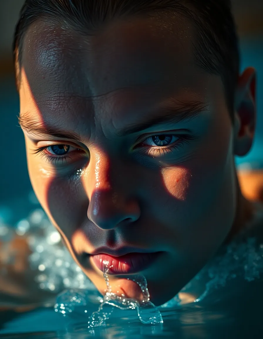 This striking image captures a competitive swimmer in mid-stroke, showcasing their powerful form against a backdrop of soft, flickering shadows from nearby firelight. The subtle textures of their skin are rendered in stunning detail, reflecting the dedication and intensity of their training. Natural, muted tones emphasize the serene environment yet convey a sense of urgency and motion. The composition highlights both the athlete's focus and the beauty of the sport.