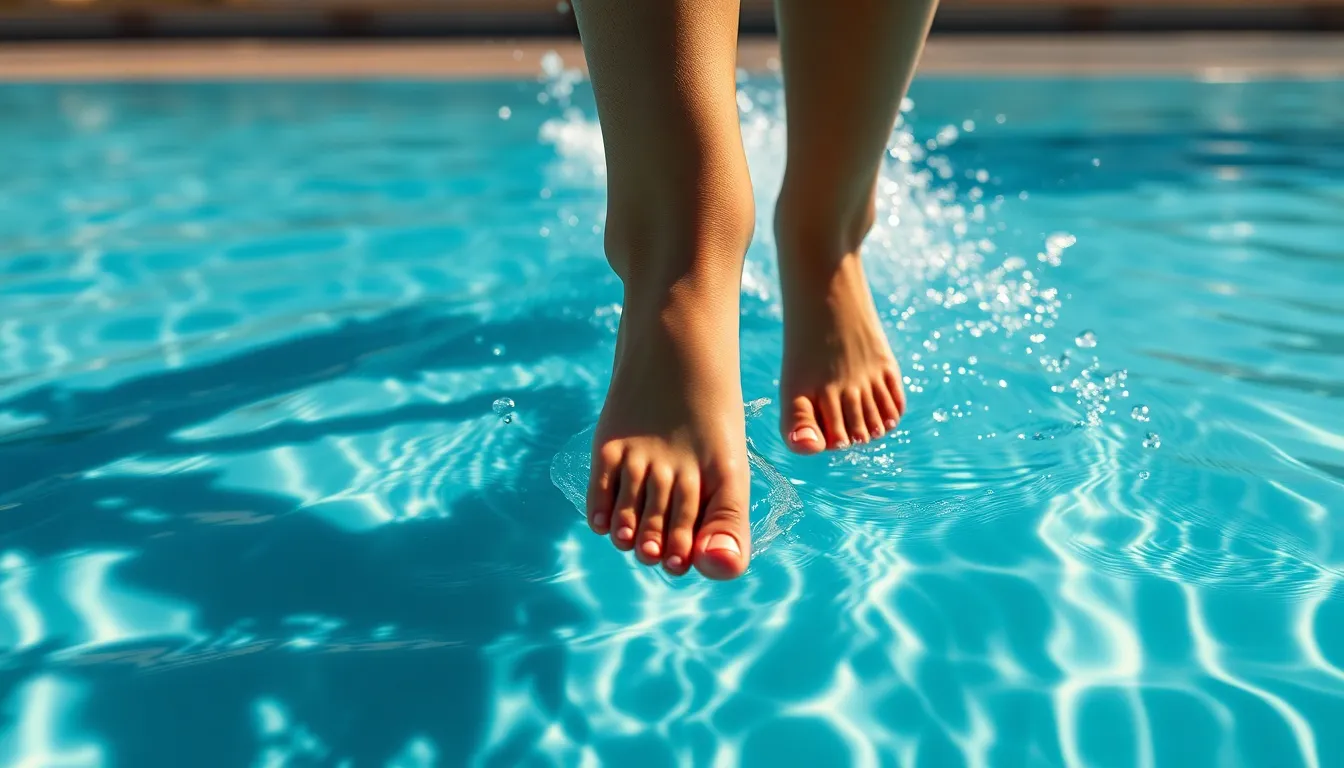 A dynamic shot captures a swimmer's feet propelling off the edge of a pool, emphasizing the strength and motion involved. The harsh midday sun creates sharp shadows and highlights on the textured tiles, adding to the sense of action. The angle adds drama, while muted tones keep the focus on the swimmer’s athletic form.