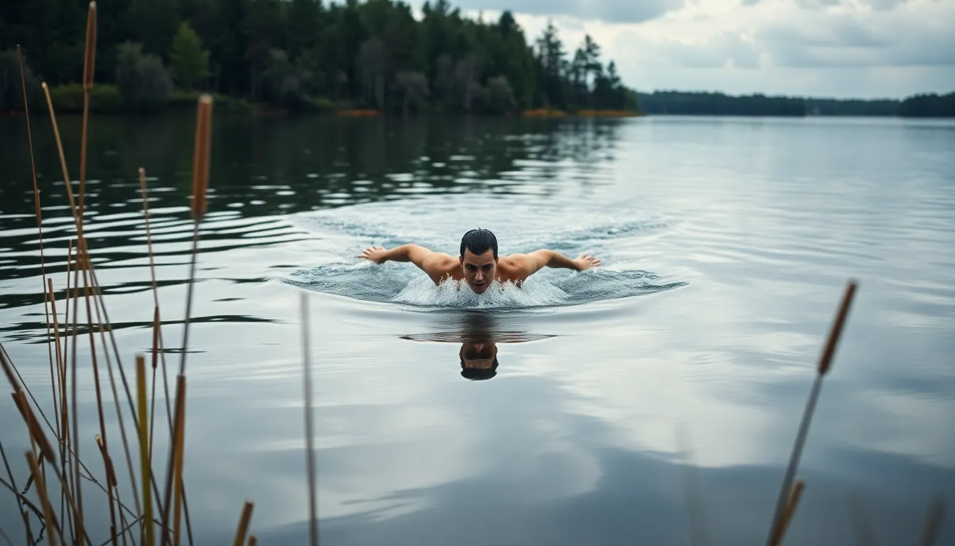 This serene image depicts a swimmer gliding through the clear waters of a peaceful lake under overcast skies. The soft diffused daylight highlights the swimmer's movements while maintaining a calm atmosphere. A centered symmetrical composition emphasizes the tranquility of the scene, with reflections of clouds and trees dancing on the surface of the water. The muted color palette enhances the natural beauty of this idyllic setting.