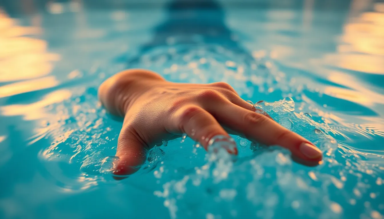 This striking close-up image captures a swimmer's hand cutting through the cool aquamarine water of a pool. The warm overhead lighting highlights the intricate textures of the skin and droplets delicately clinging to the fingers. The rich hues and smooth reflections create an engaging visual experience that invites the viewer to appreciate the artistry of swimming. The close composition emphasizes the hand's movement, drawing focus to the swimmer's technique.