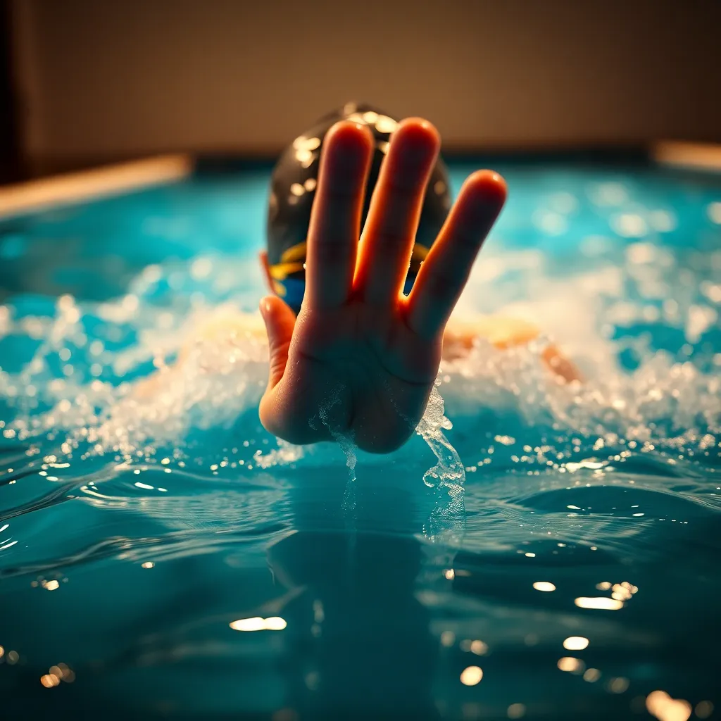 This striking close-up image captures a swimmer's hand as it cuts through the water, creating ripples around it. The warm glow from practical tungsten lights adds a rich quality to the image. The shallow depth of field beautifully isolates the hand, while the saturated colors of the water enhance the dynamic movement. This composition immerses the viewer in the intensity and grace of swimming.