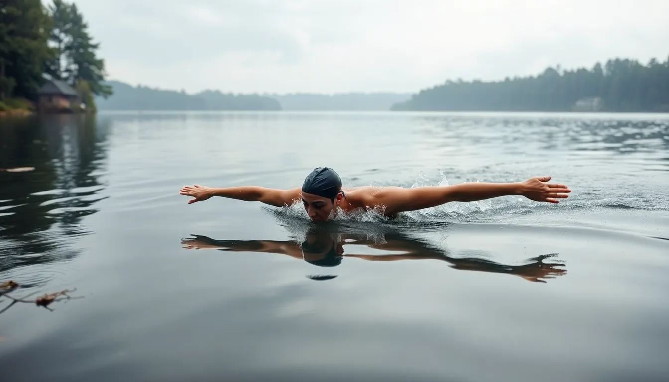 This tranquil image features a swimmer performing the butterfly stroke in a serene lake setting on an overcast day. The soft, diffused lighting enhances the calm atmosphere, while the muted color tones create a natural palette. The swimmer’s fluid movement contrasts with the gentle ripples of the water, drawing attention to their technique. The composition uses leading lines from the lake's edge to lead the viewer's gaze, emphasizing the peacefulness of the environment.