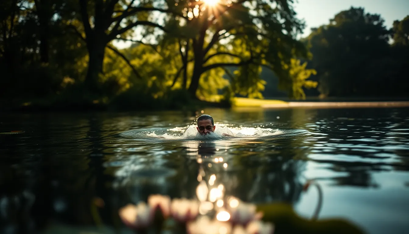 Swimmer in Tranquil Lakeside Setting