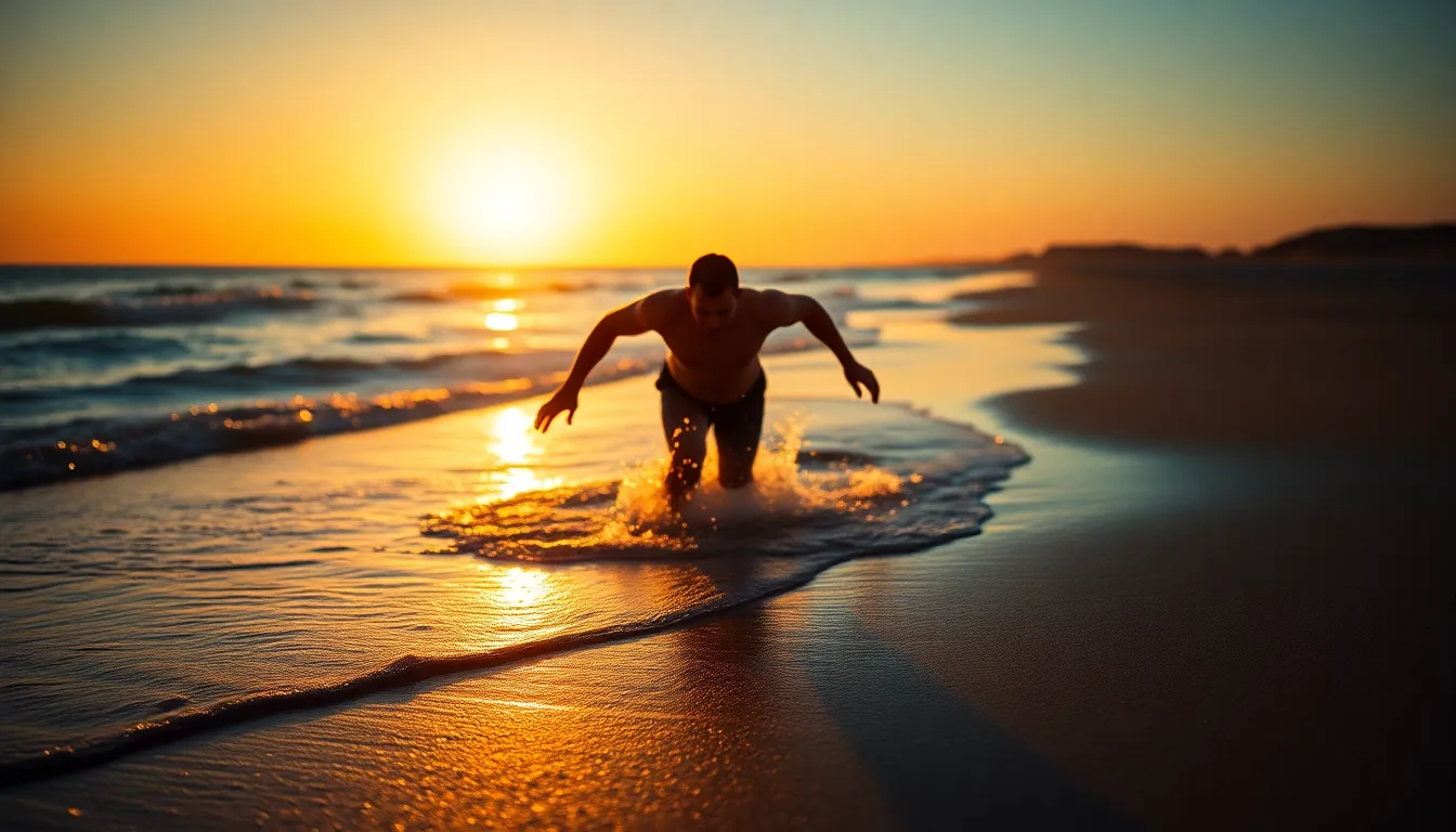 This compelling image captures a swimmer emerging from the water at sunset, creating a stunning silhouette against the vibrant sky. The dramatic lighting casts long shadows on the wet sand, enhancing the cinematic feel. The color grading in teal and orange brings warmth and depth to the scene. This composition beautifully contrasts the swimmer's motion with the tranquil beach environment, evoking a sense of freedom and adventure.