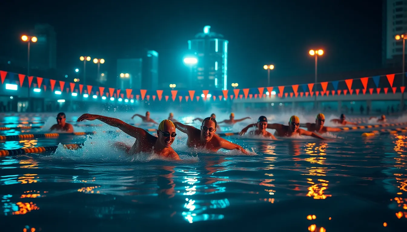 In this vibrant image, a group of swimmers performs synchronized routines under the glow of neon lights during the nighttime. The dramatic lighting creates a mesmerizing reflection on the water's surface, while a cinematic teal and orange color grading enhances the lively atmosphere. The use of a Dutch angle composition adds a dynamic touch, emphasizing the energy of the swimmers as they glide through the water. The medium format captures the intricate textures of both the water and the surrounding city lights.